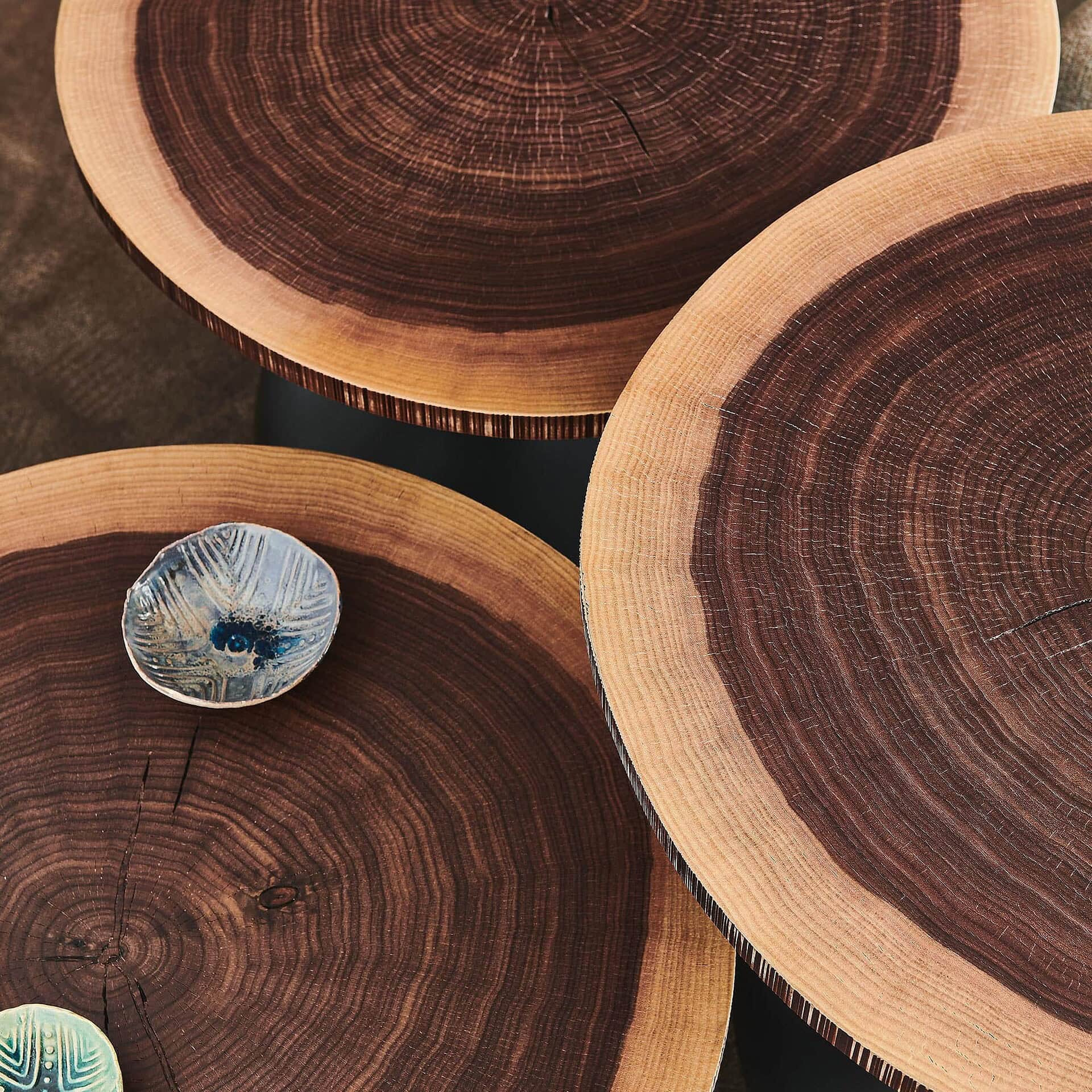 Close-up view of Rio coffee table tops showcasing natural walnut log grain and organic edges.