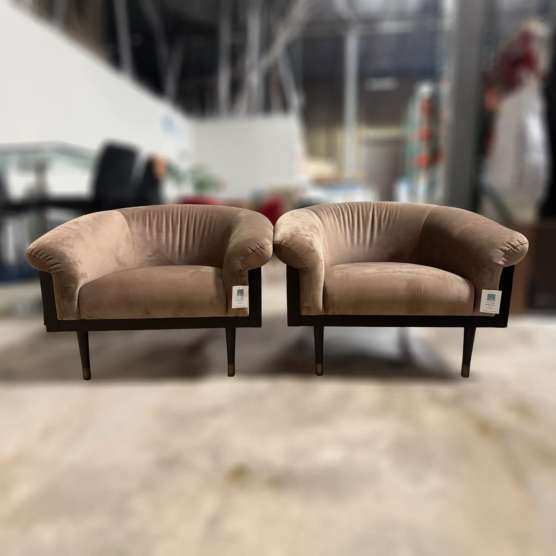Sklar Furnishings Madison Tub Chairs set of 2 in beige fabric in a showroom.