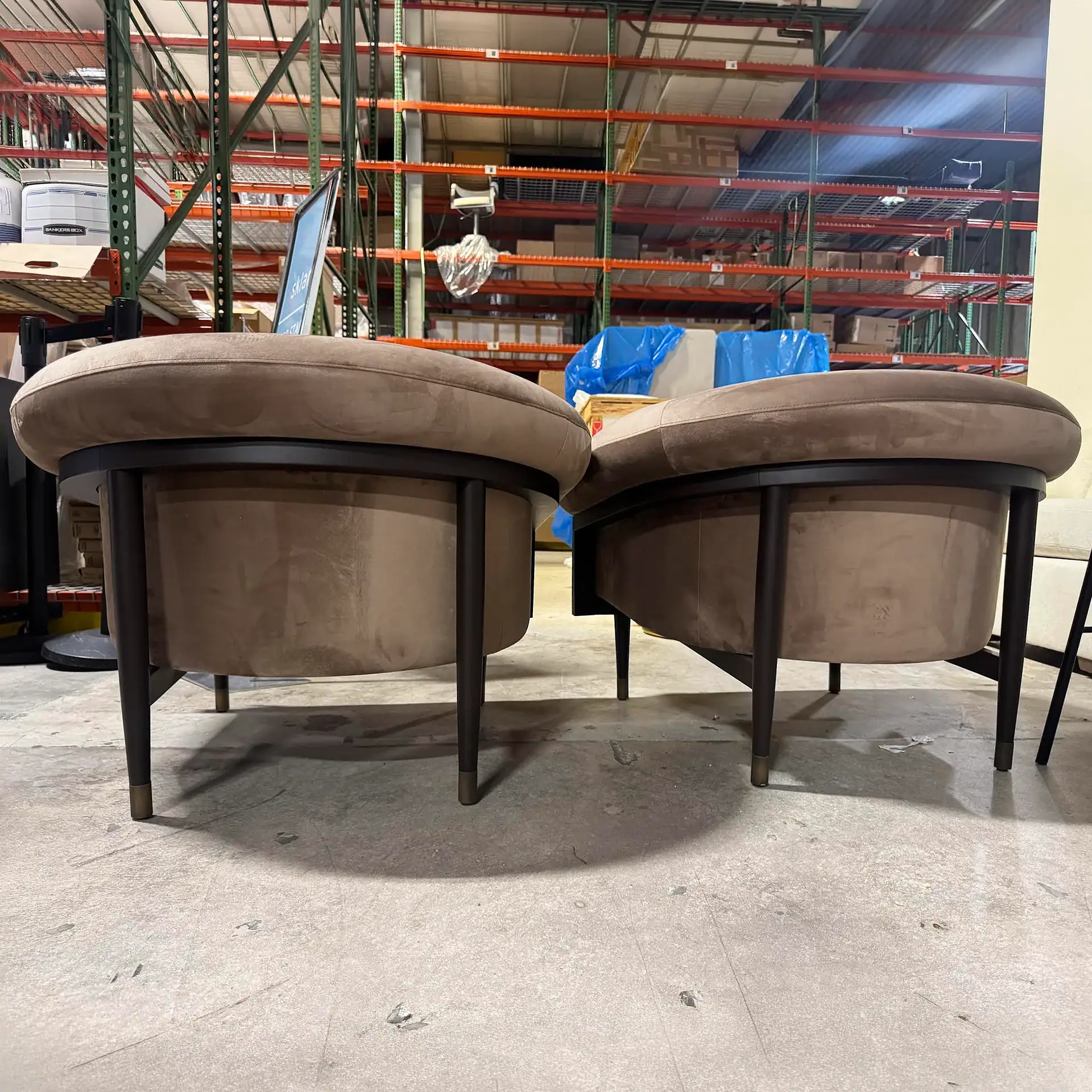 Sklar Furnishings Madison Tub Chairs set of 2 in a warehouse setting.