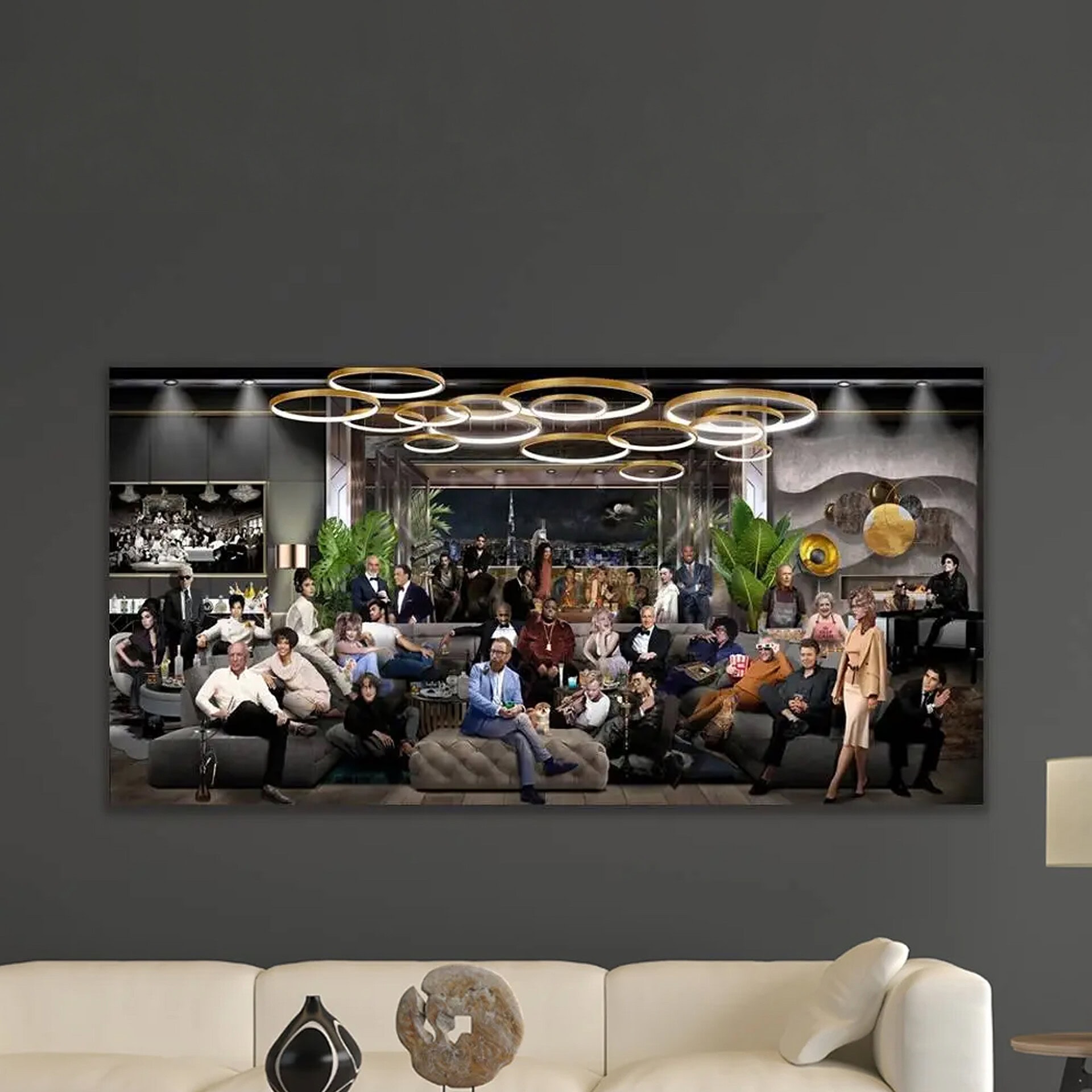 Legacy of GOAT Wall Art by James Chiew displayed above a modern white sofa in a contemporary living room with neutral tones and elegant décor.