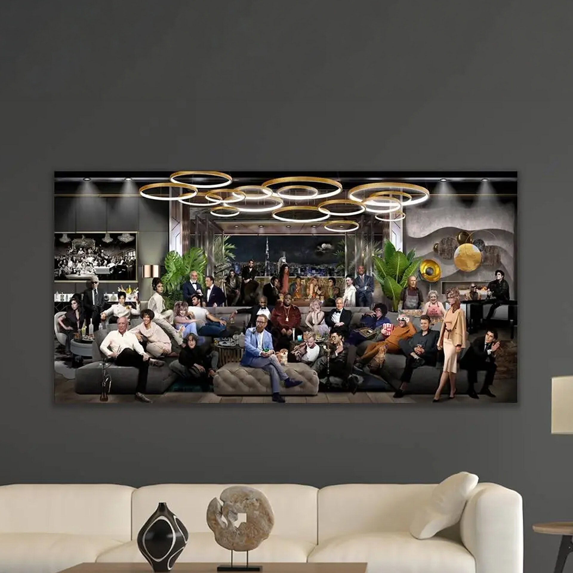 Large wall art featuring a diverse group of people in a modern lounge setting.