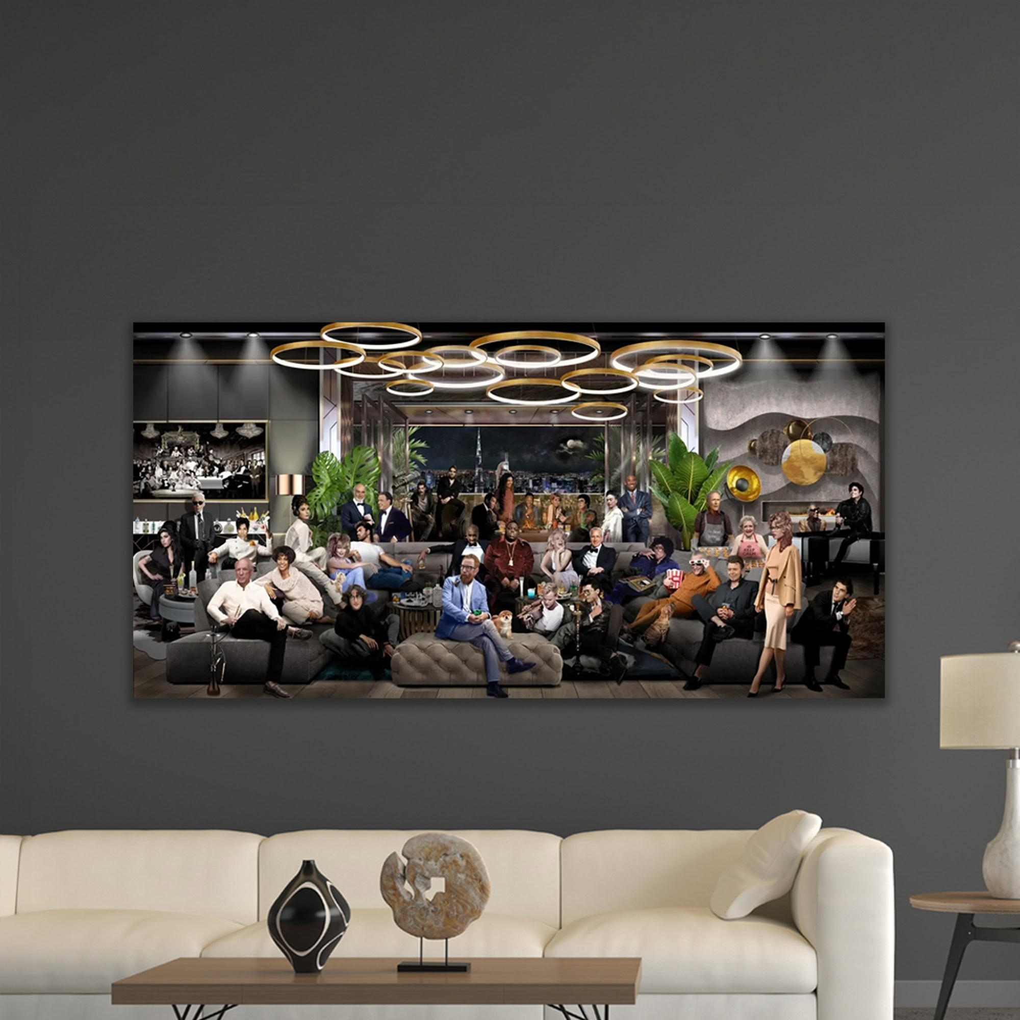 Large wall art featuring a diverse group of people in a modern lounge setting.