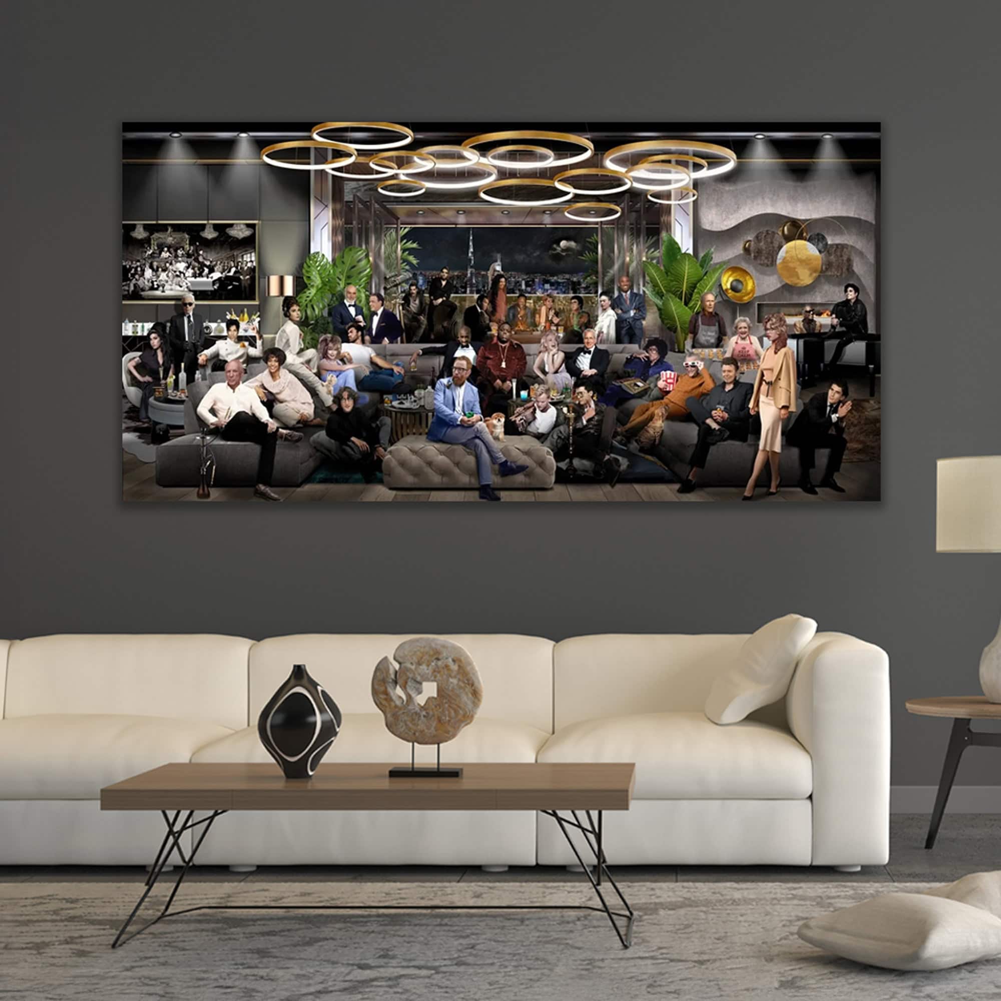 a large picture of people sitting on a couch in a room