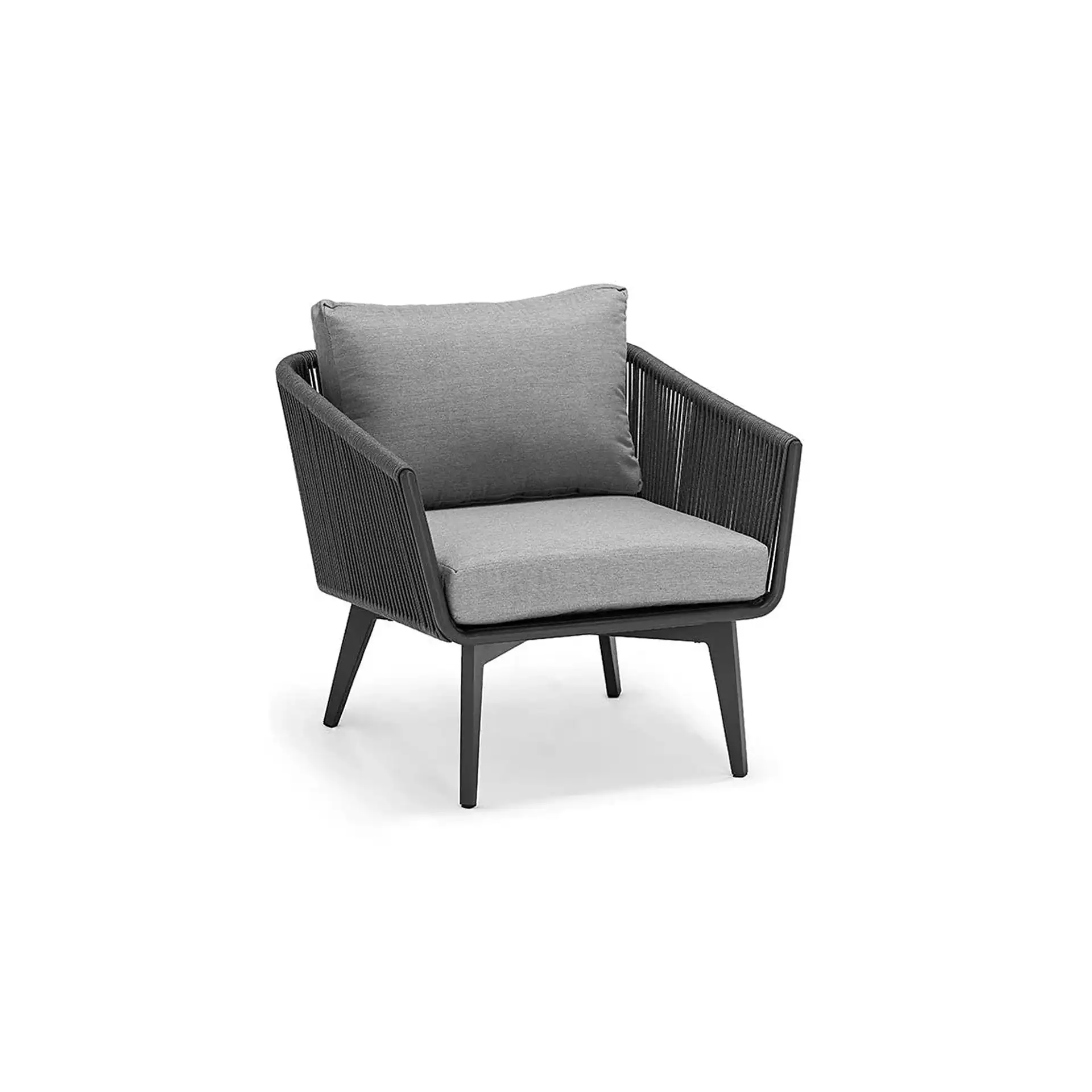 A modern dark gray outdoor armchair with woven back and armrests, and light gray cushions, on a white background.