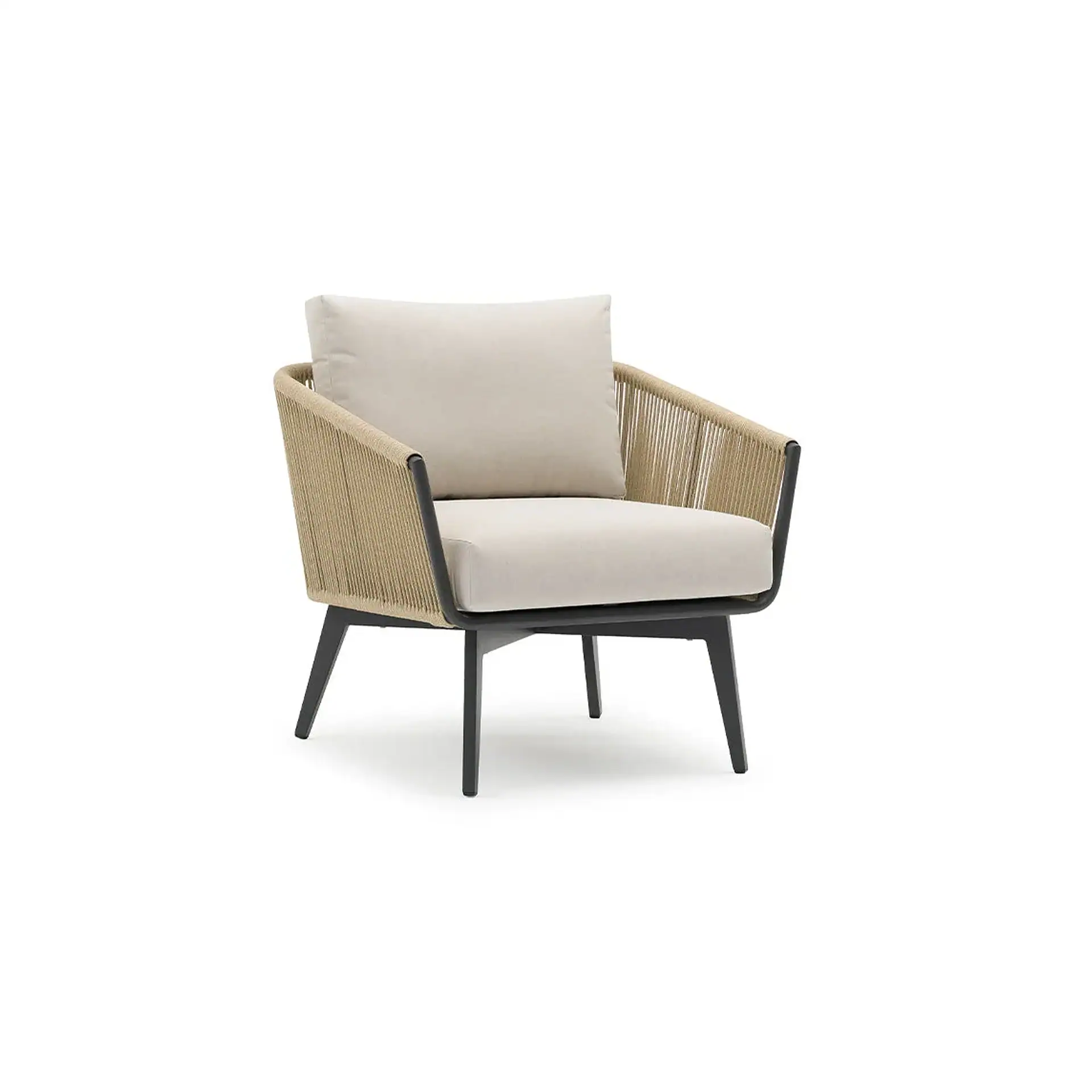 A modern armchair with a dark frame, light brown woven rope back and armrests, and light beige cushions, on a white background.