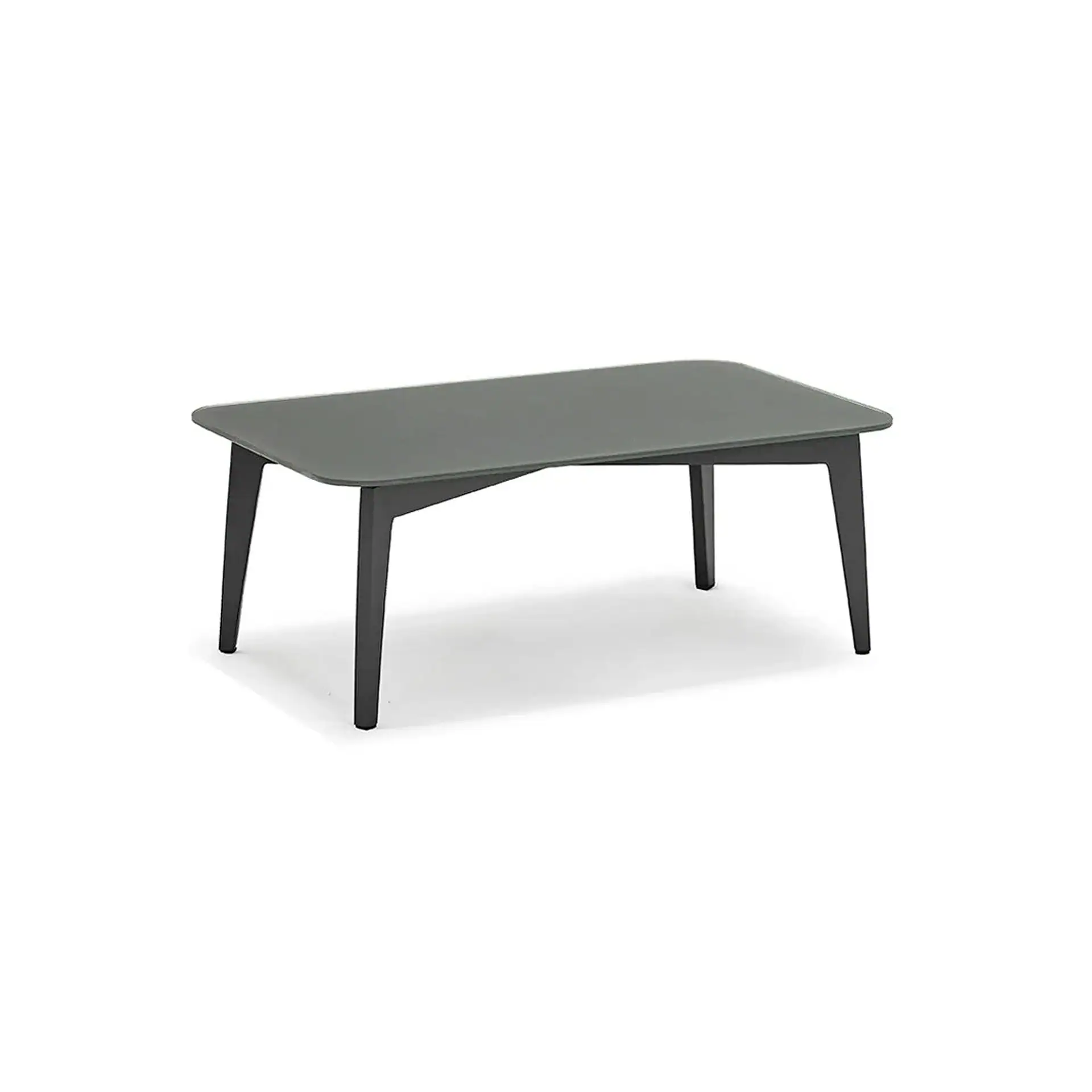A dark gray rectangular coffee table with rounded corners and dark gray legs, set against a white background.