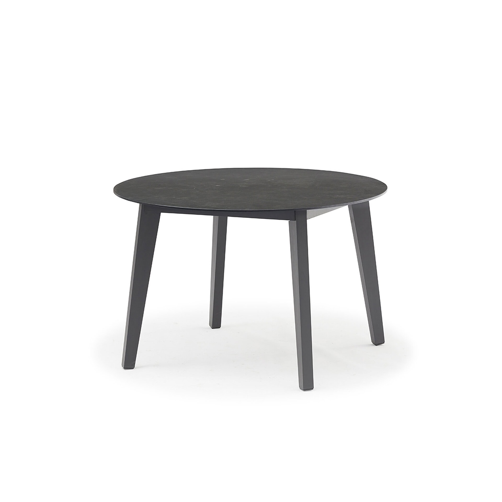 Black wooden dining table with sleek design and sturdy legs.