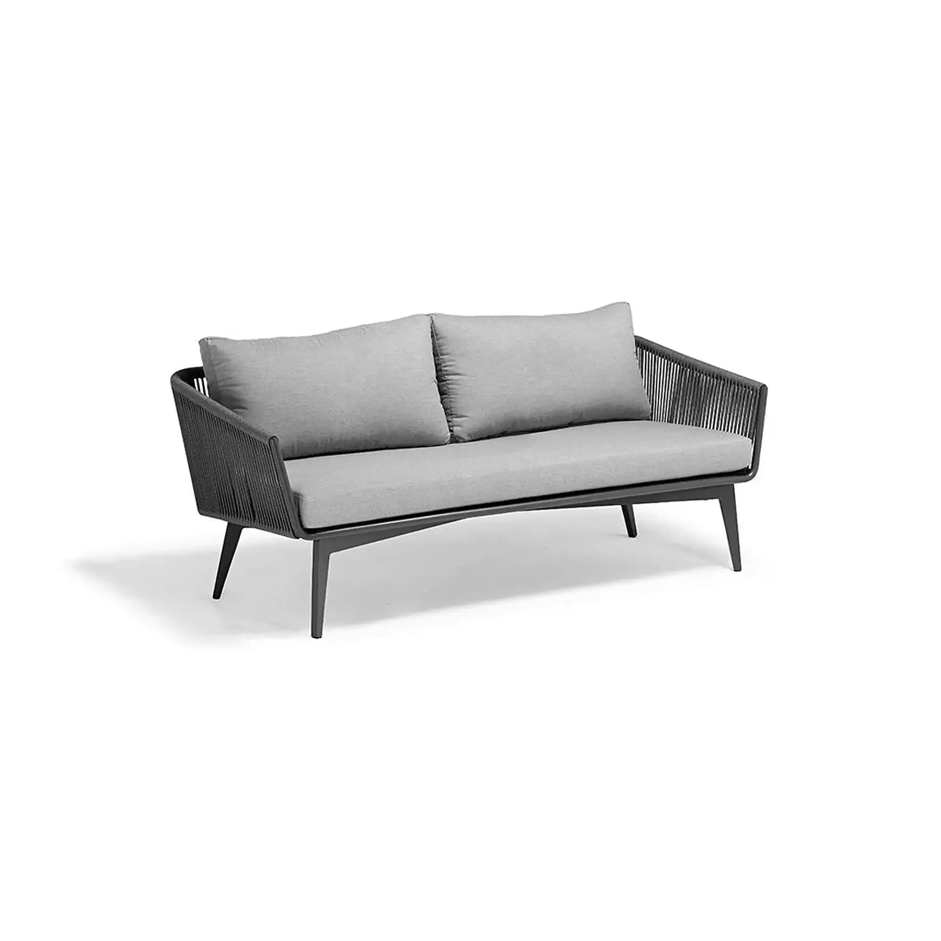 A modern two-seater sofa with a dark gray woven frame and light gray fabric cushions on a white background.