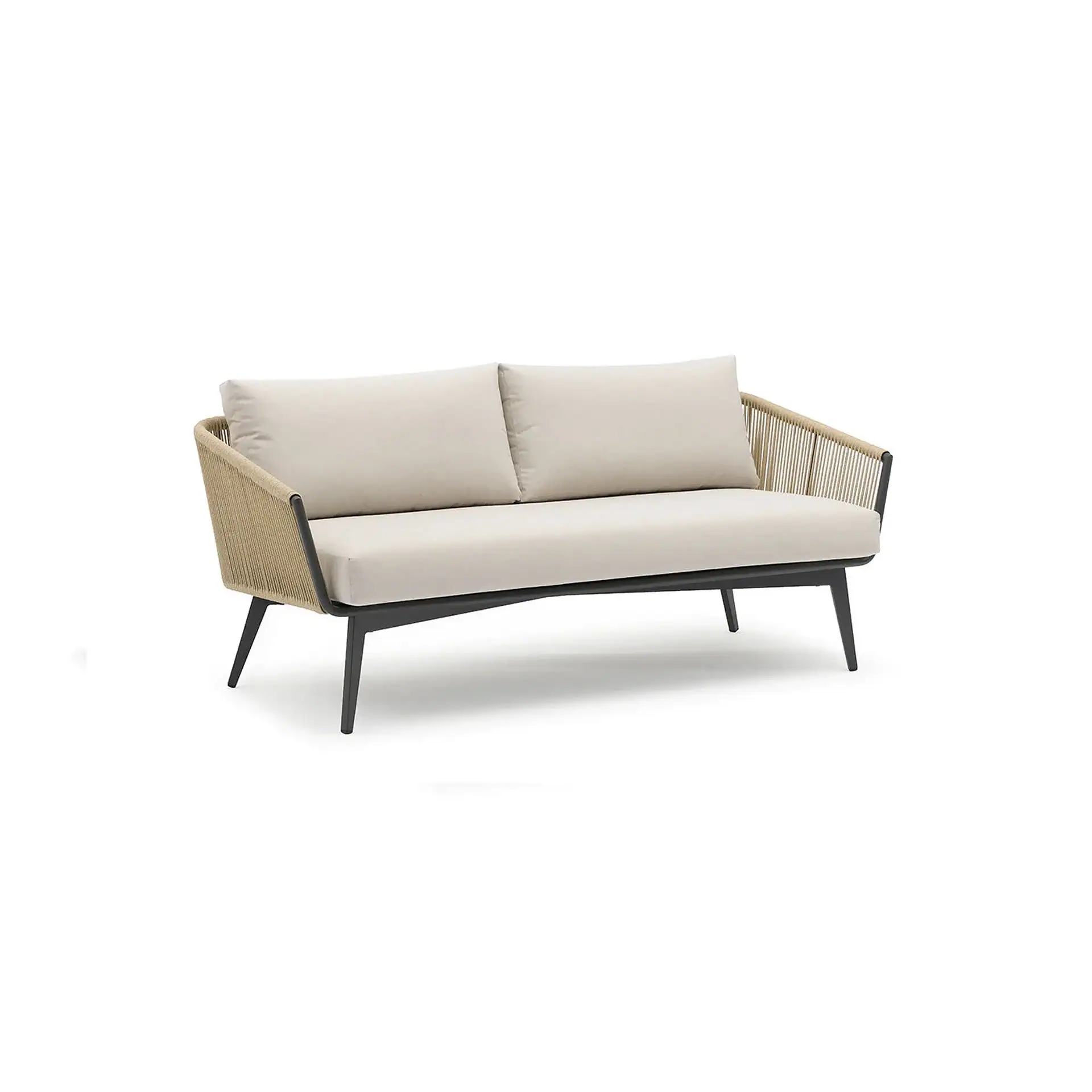 A modern two-seater sofa with a dark frame, light brown woven rope armrests and back, and off-white cushions, on a white background.