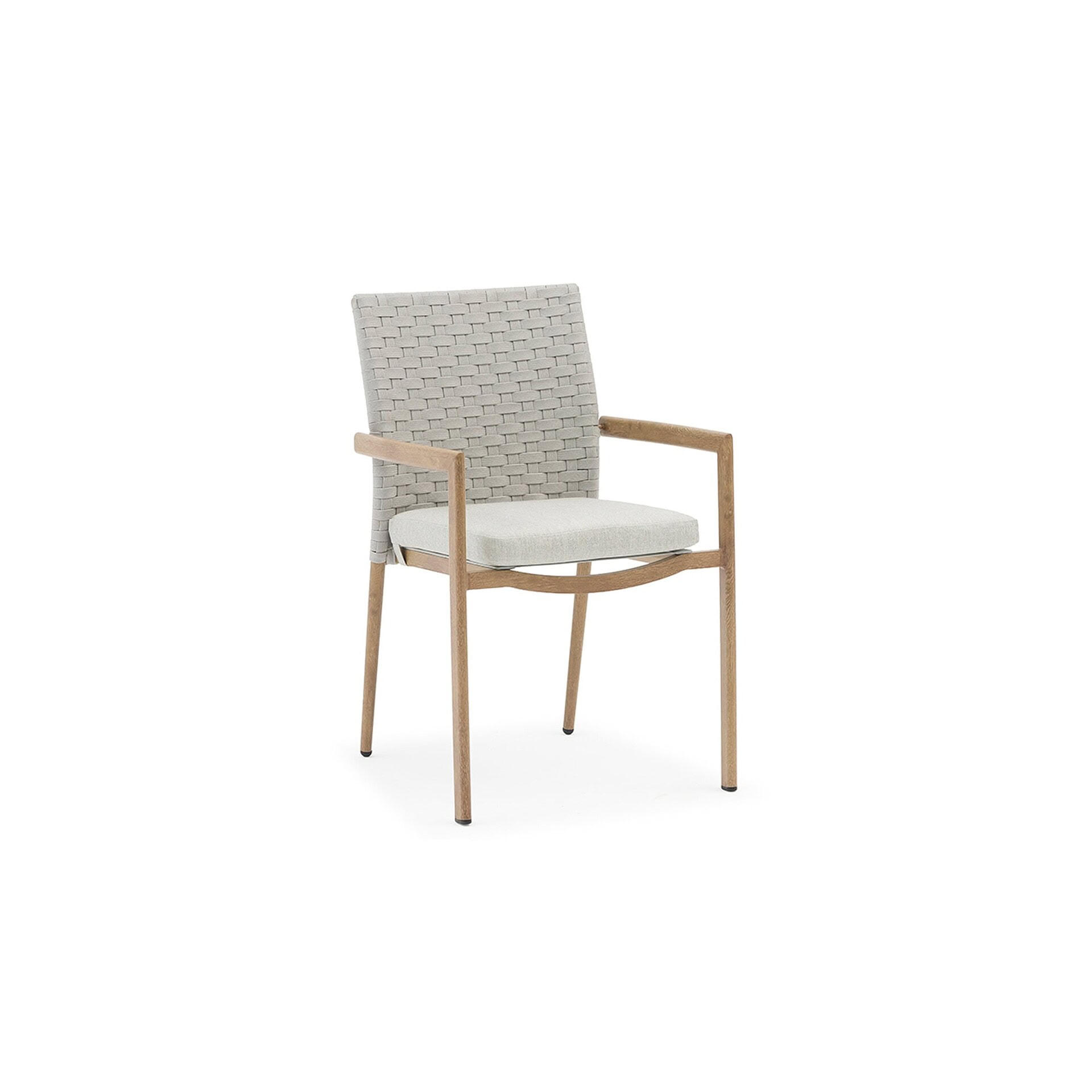 Couture Jardin Lounge Dining Chair with woven backrest, cushioned seat, and aluminum frame in a wood-look finish.