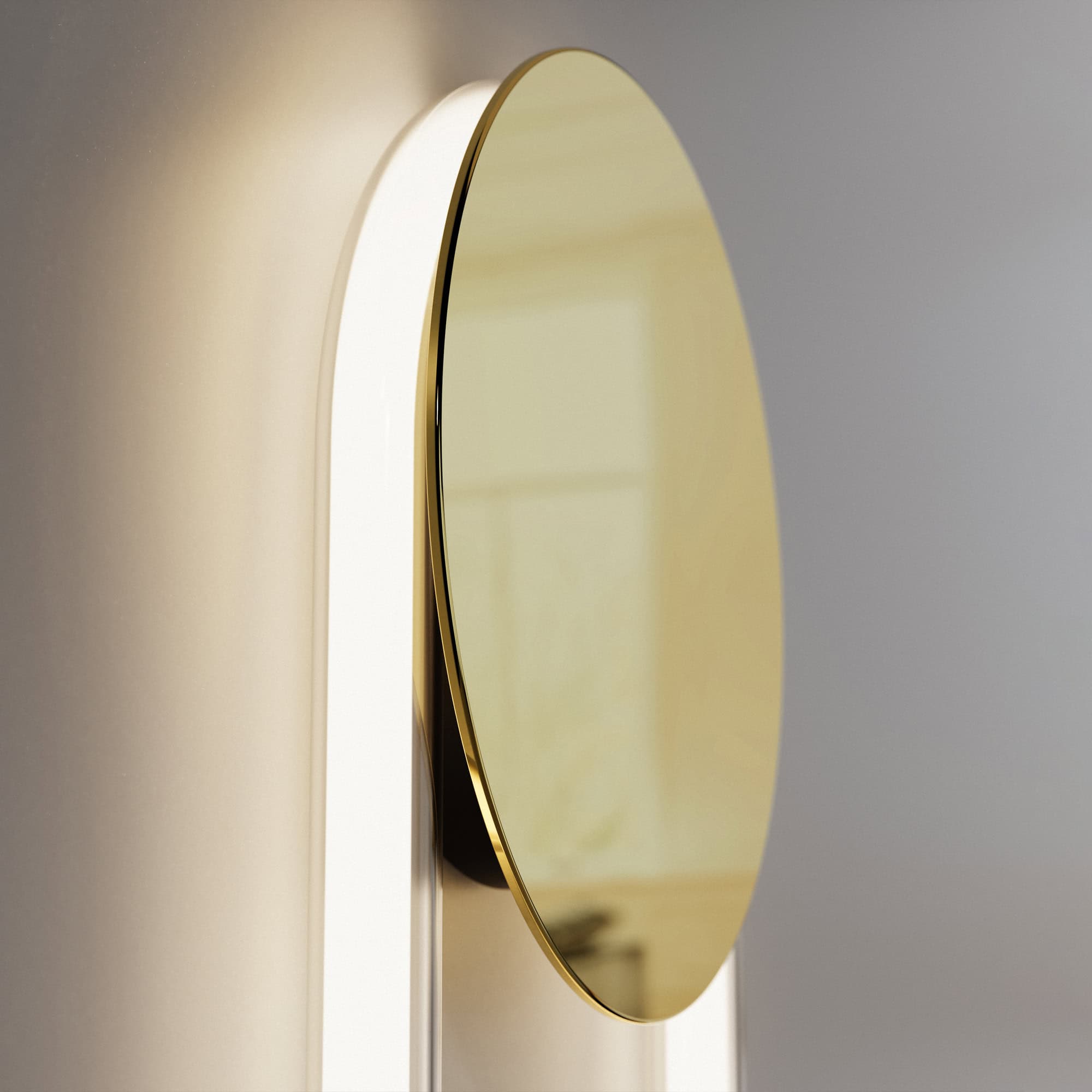 Elegant round wall mirror with gold trim, modern design for stylish home decor.