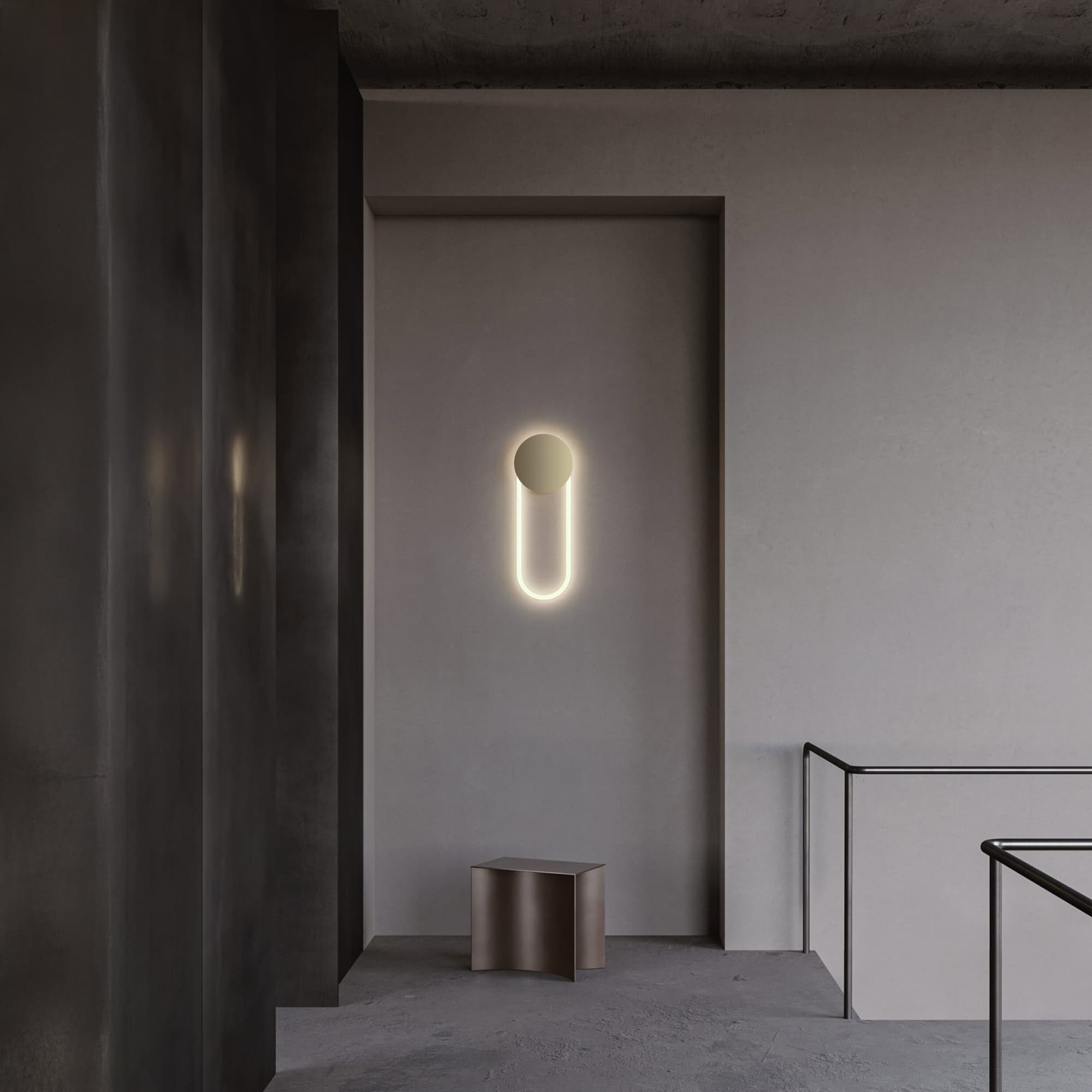 Modern minimalist wall sconce with LED lighting on beige wall, contemporary home decor.