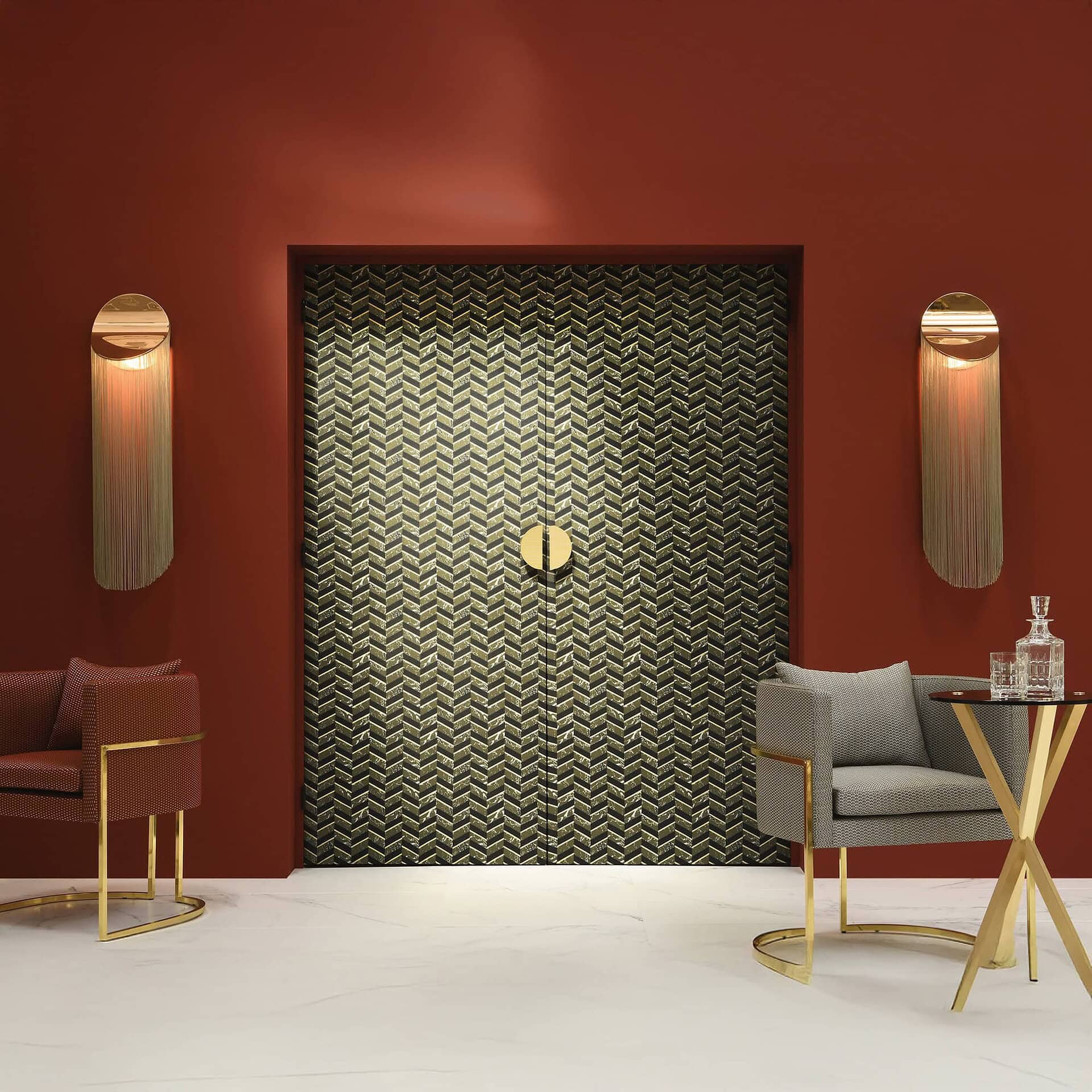Luxurious modern interior with elegant gold accents and textured wall panels for sophisticated home decor.