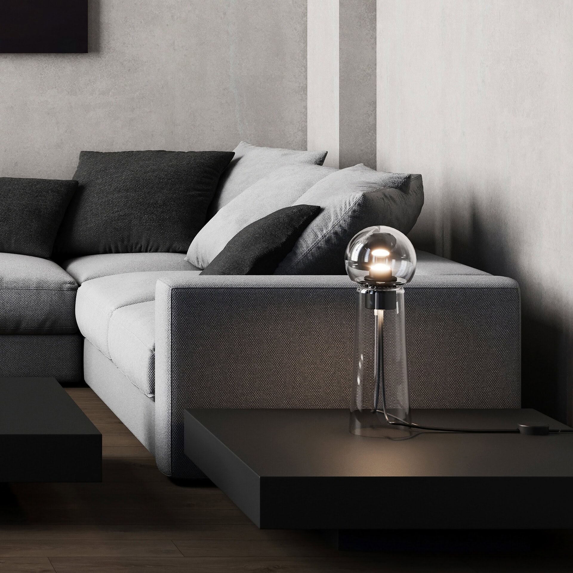 Luxury modern living room sofa with neutral tones and stylish lighting, designed by Sklar Furnishings.