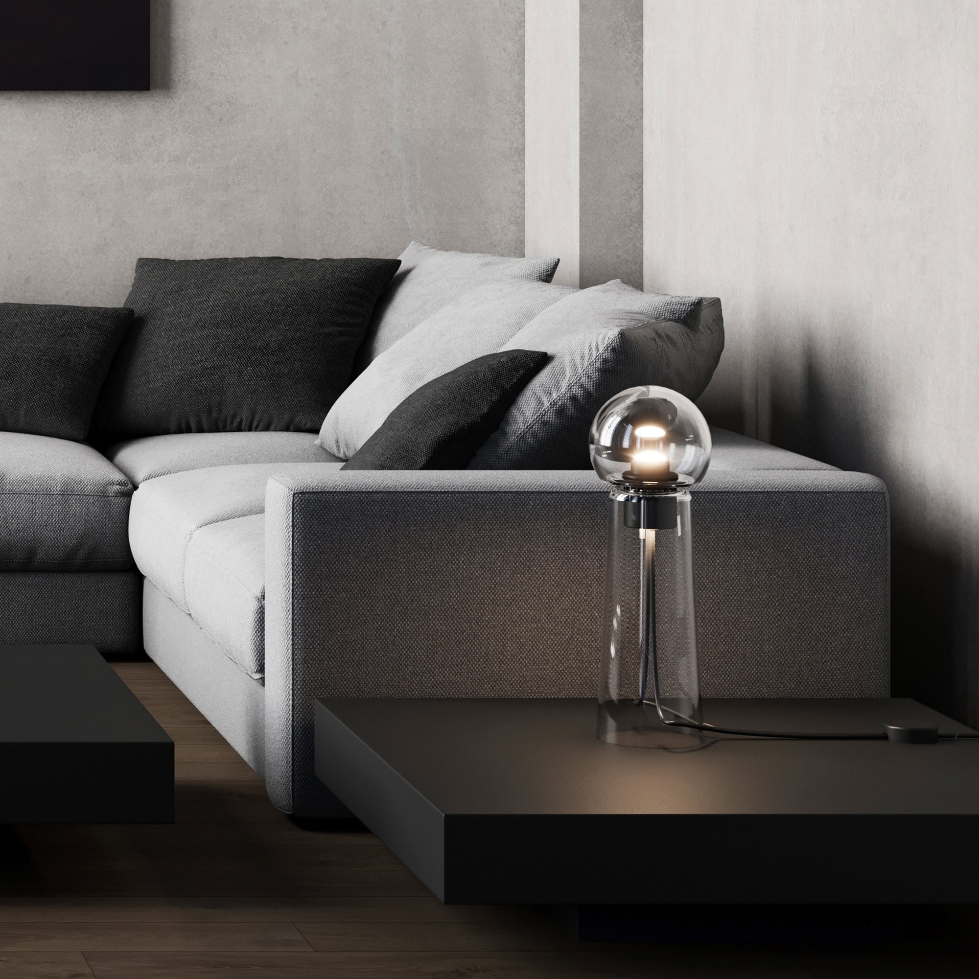 Luxury modern living room sofa with neutral tones and stylish lighting, designed by Sklar Furnishings.