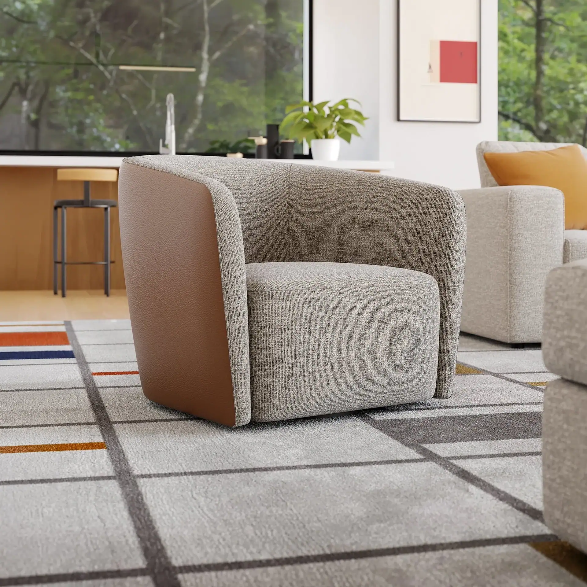Sklar Furnishings Mila Swivel Chair in a modern living room setting.