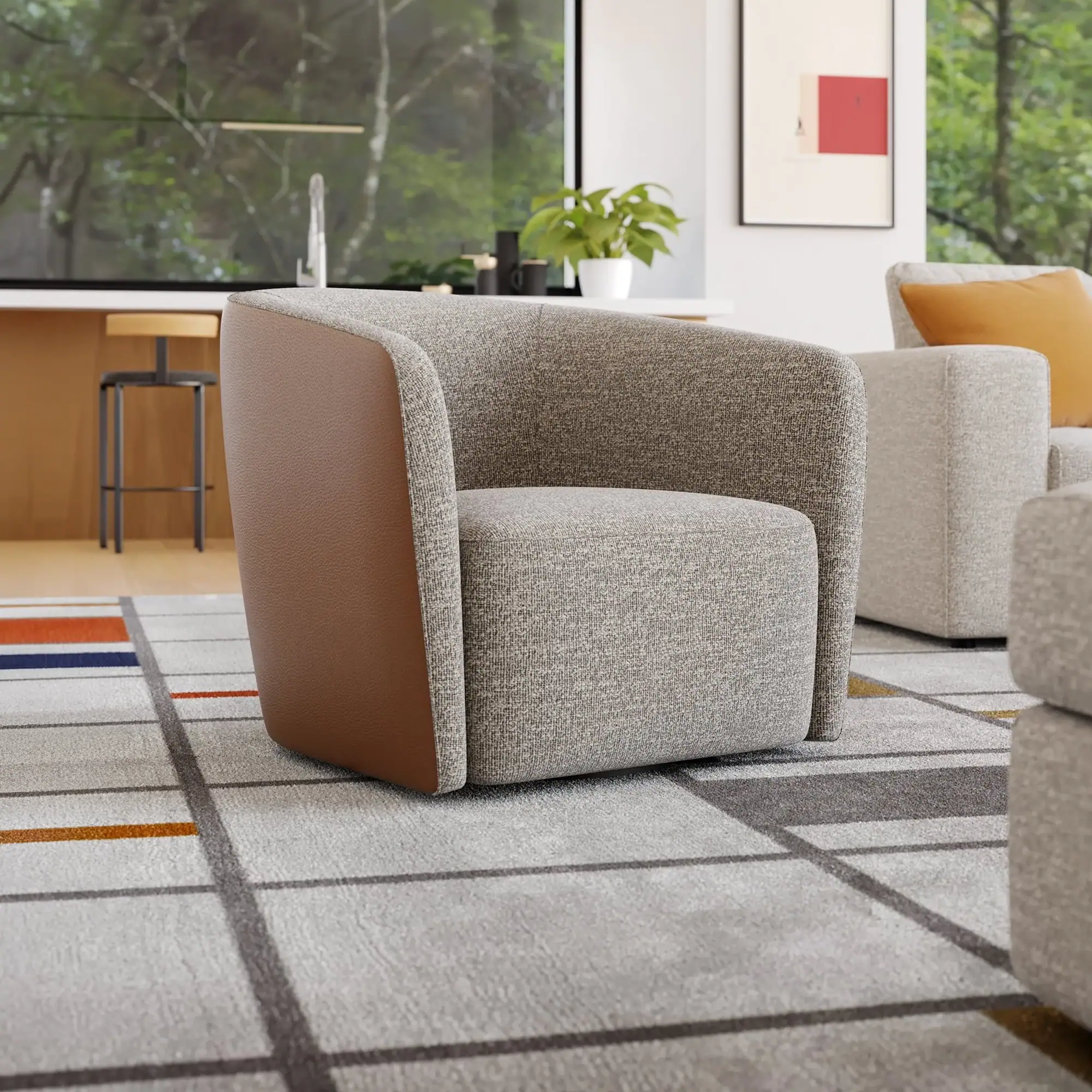 Sklar Furnishings Mila Swivel Chair in a modern living room setting.