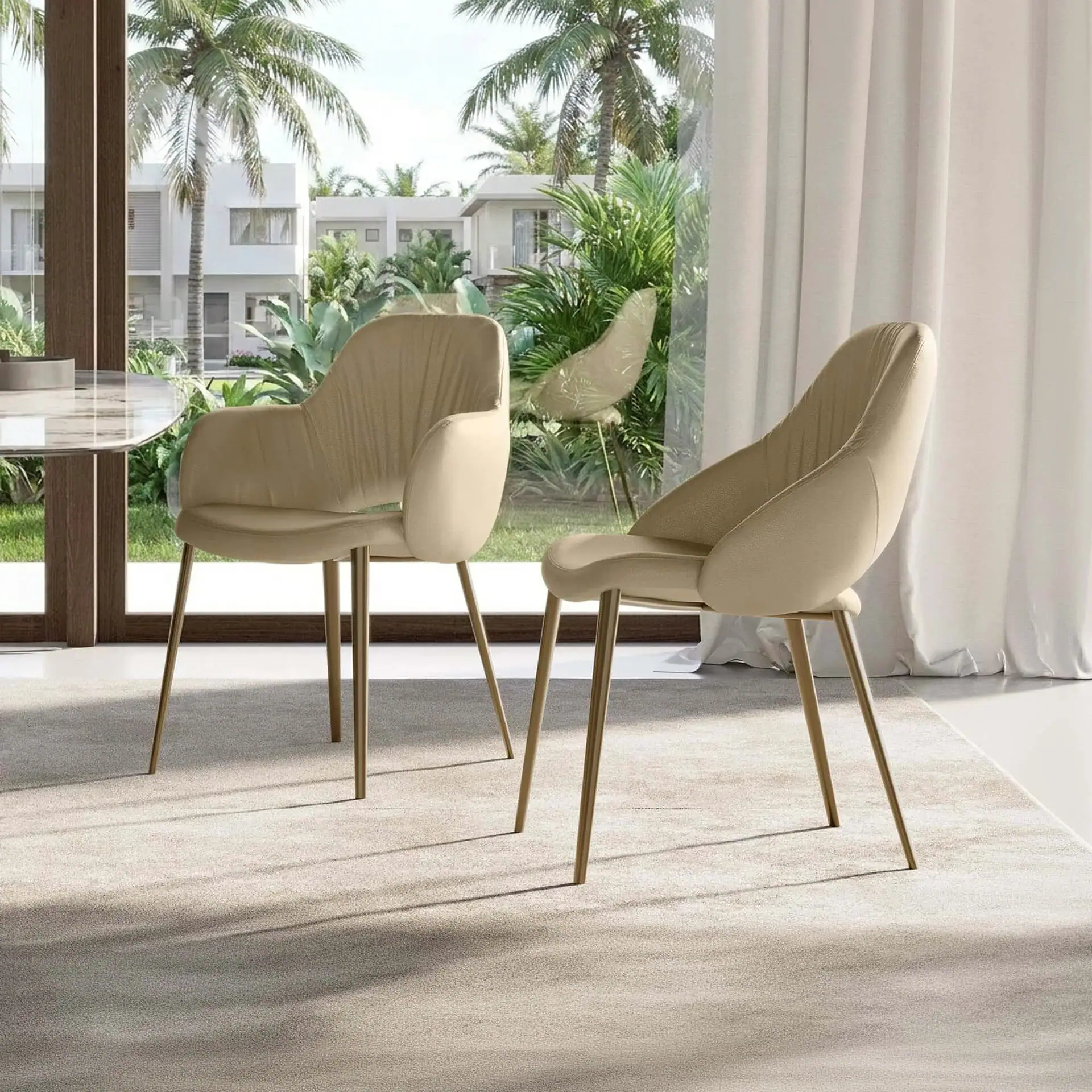 Deluxe upholstered dining chair with elegant silhouette, perfect for modern dining rooms.