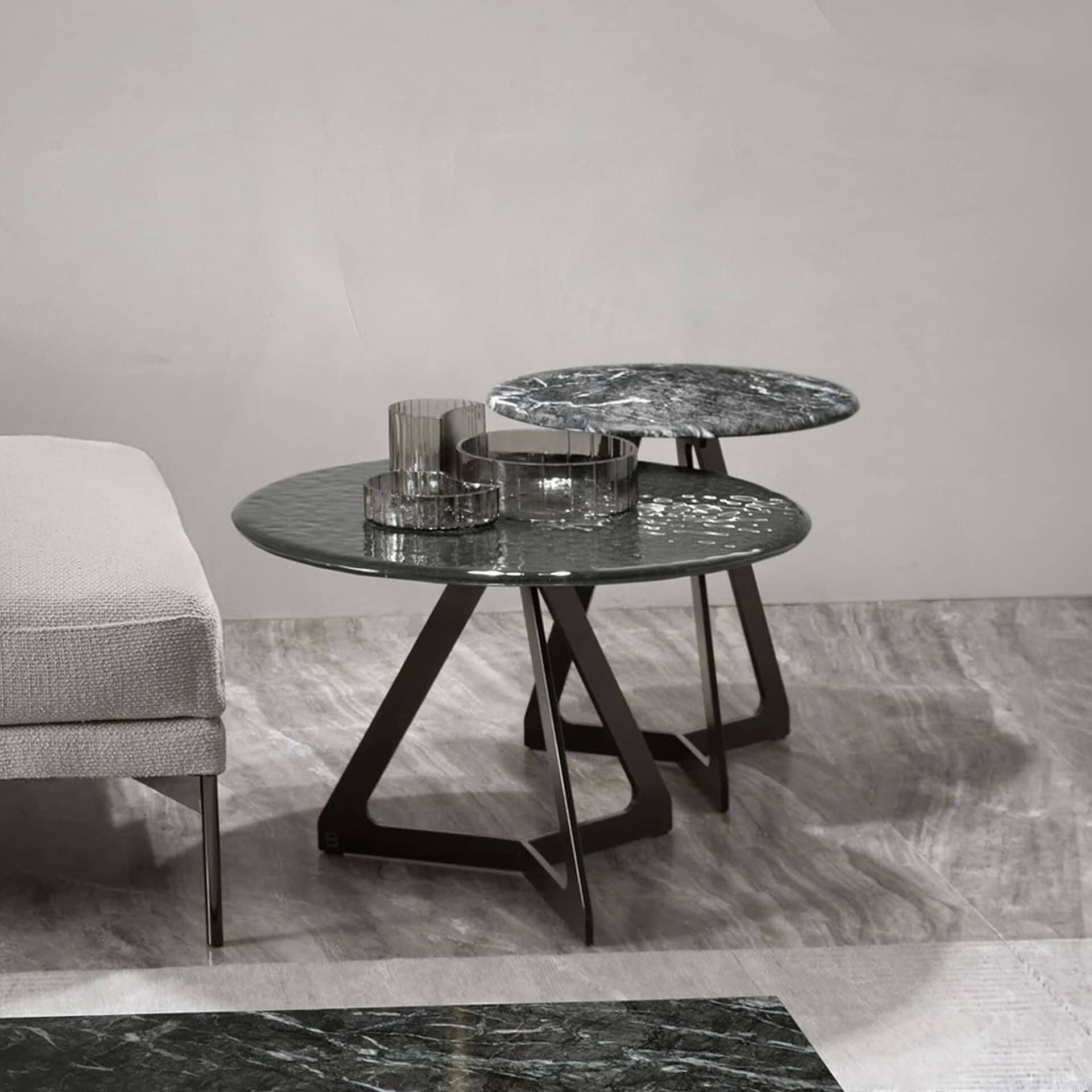 Elegant Lakes glass and marble coffee table with layered surfaces and modern design.