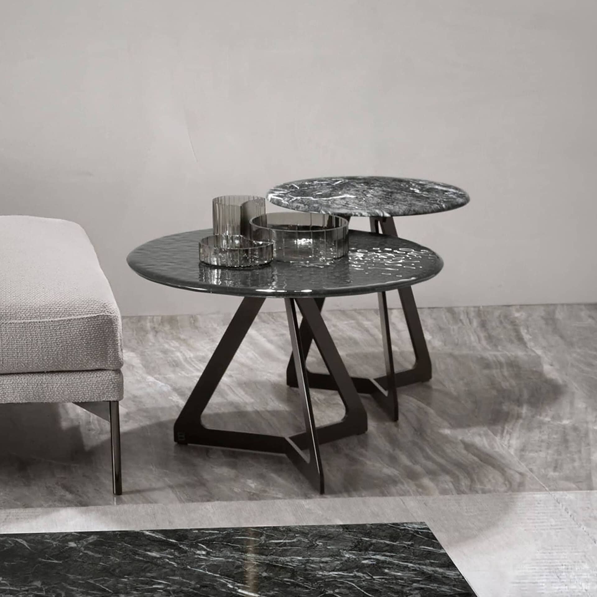Elegant Lakes glass and marble coffee table with layered surfaces and modern design.