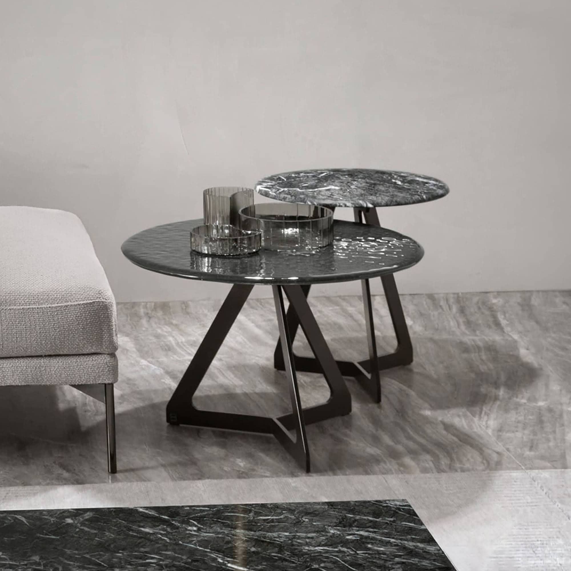 Elegant Lakes glass and marble coffee table with layered surfaces and modern design.