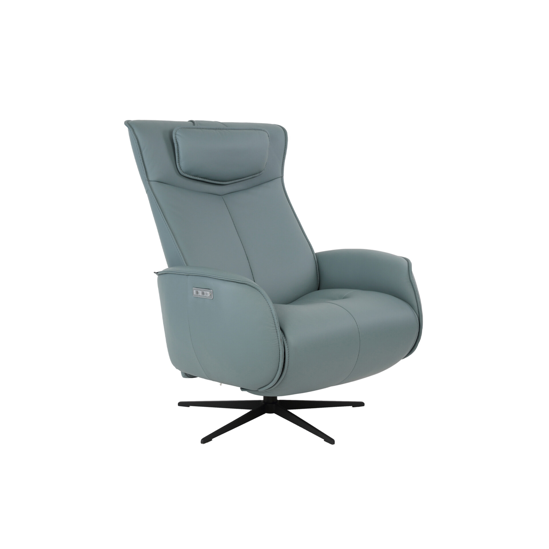 A modern light blue-green leather power recliner chair with a high back, adjustable headrest, and a black four-star swivel base, shown against a white background.