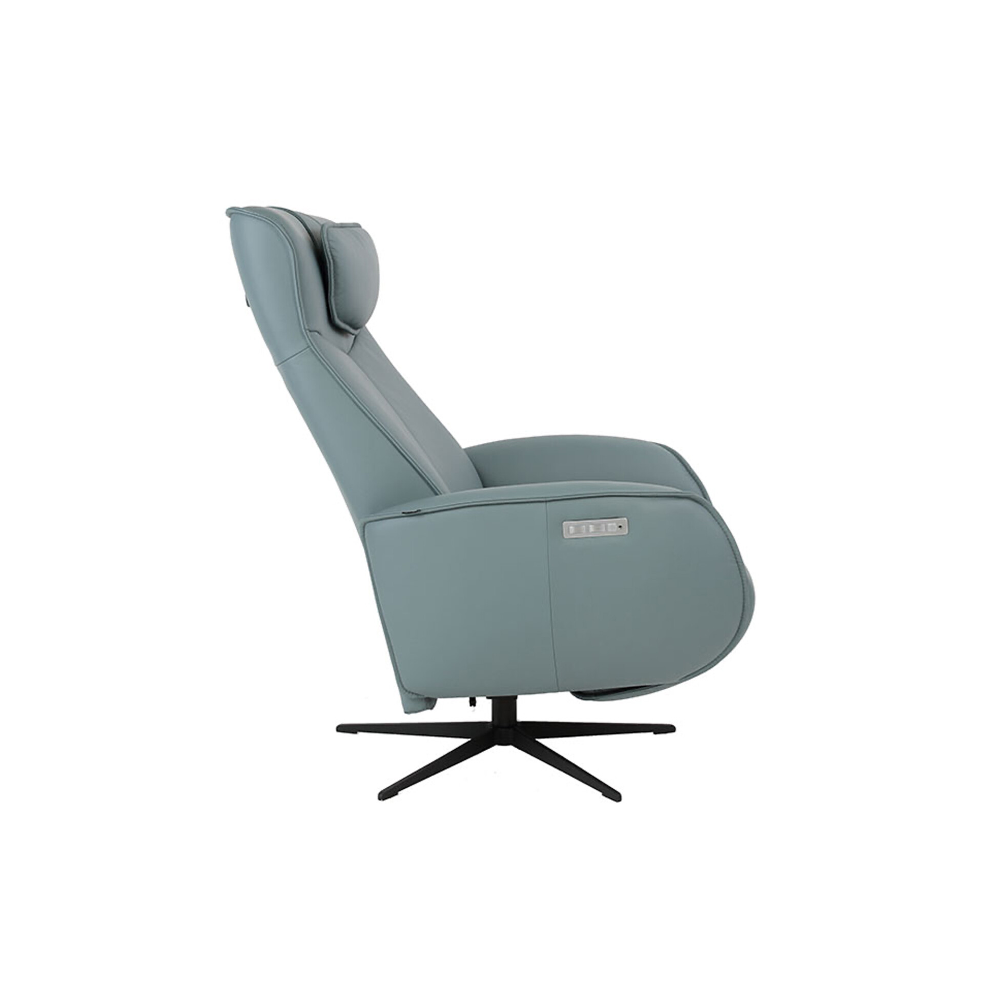 Side view of a light blue-green leather recliner chair in a reclined position, with a black star-shaped swivel base and control panel on the armrest.