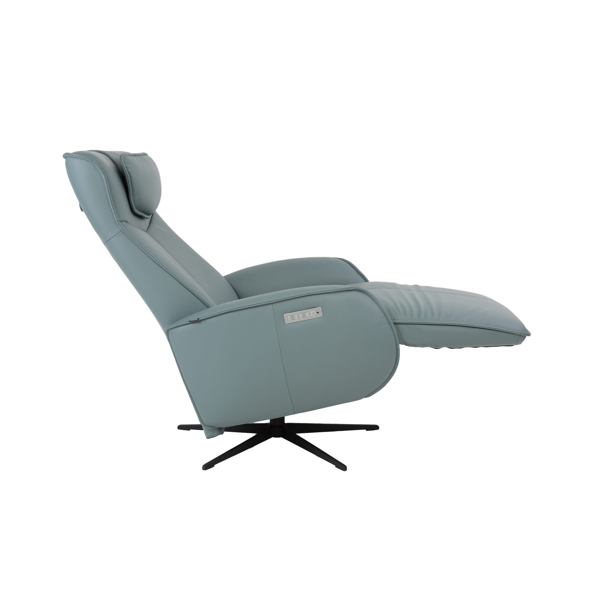 A light blue-green modern recliner chair in a fully reclined position, featuring a power control panel on the armrest and a black star-shaped swivel base, against a white background.