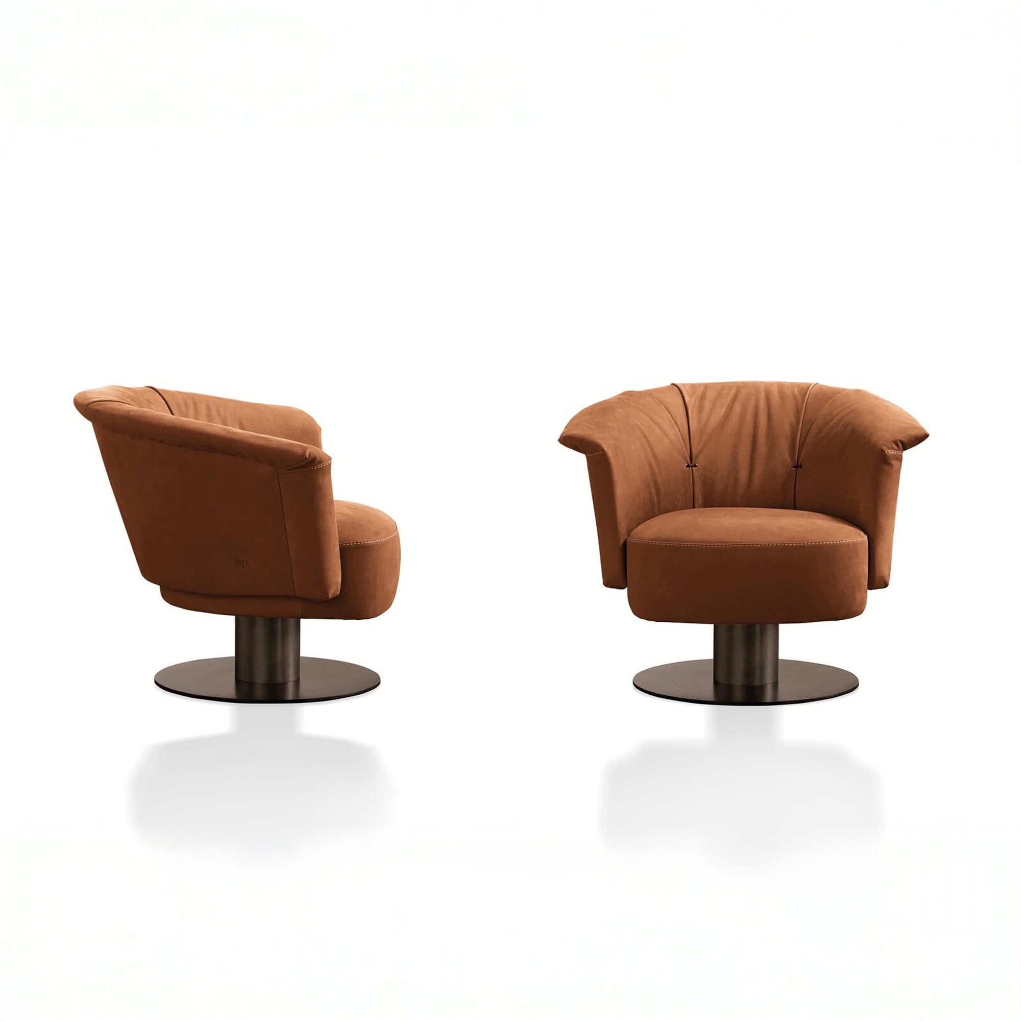 Pair of Gamma Luna Armchairs in cognac leather with round swivel bases, front and angled view.