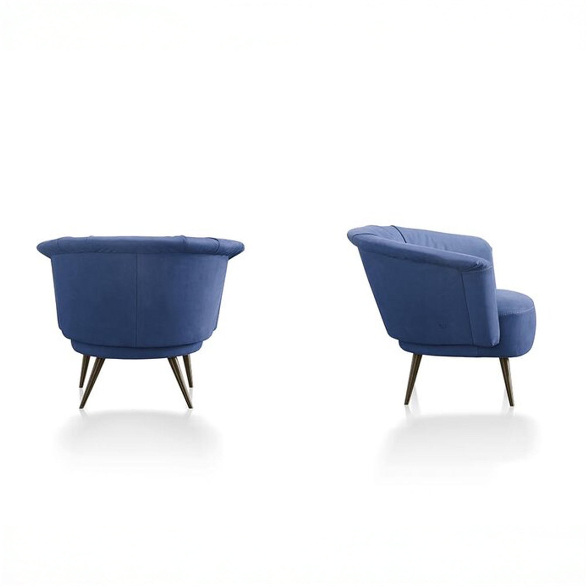 Pair of Gamma Luna Armchairs in blue fabric with angled metal legs, rear view.