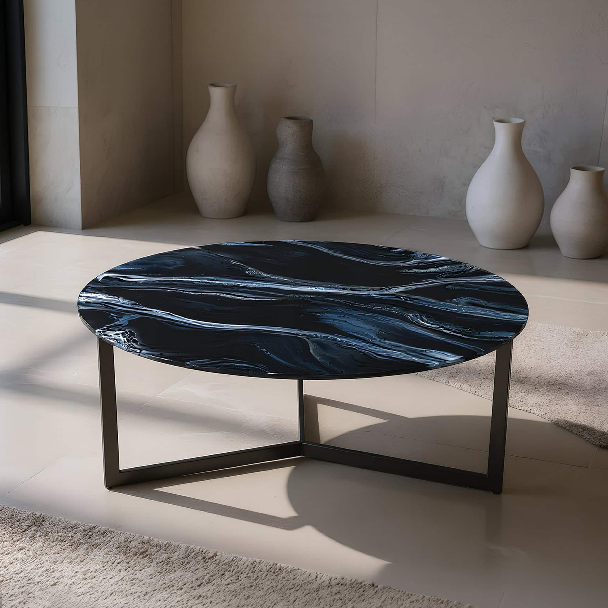 Elegant black marble glass coffee table with sleek metal frame.