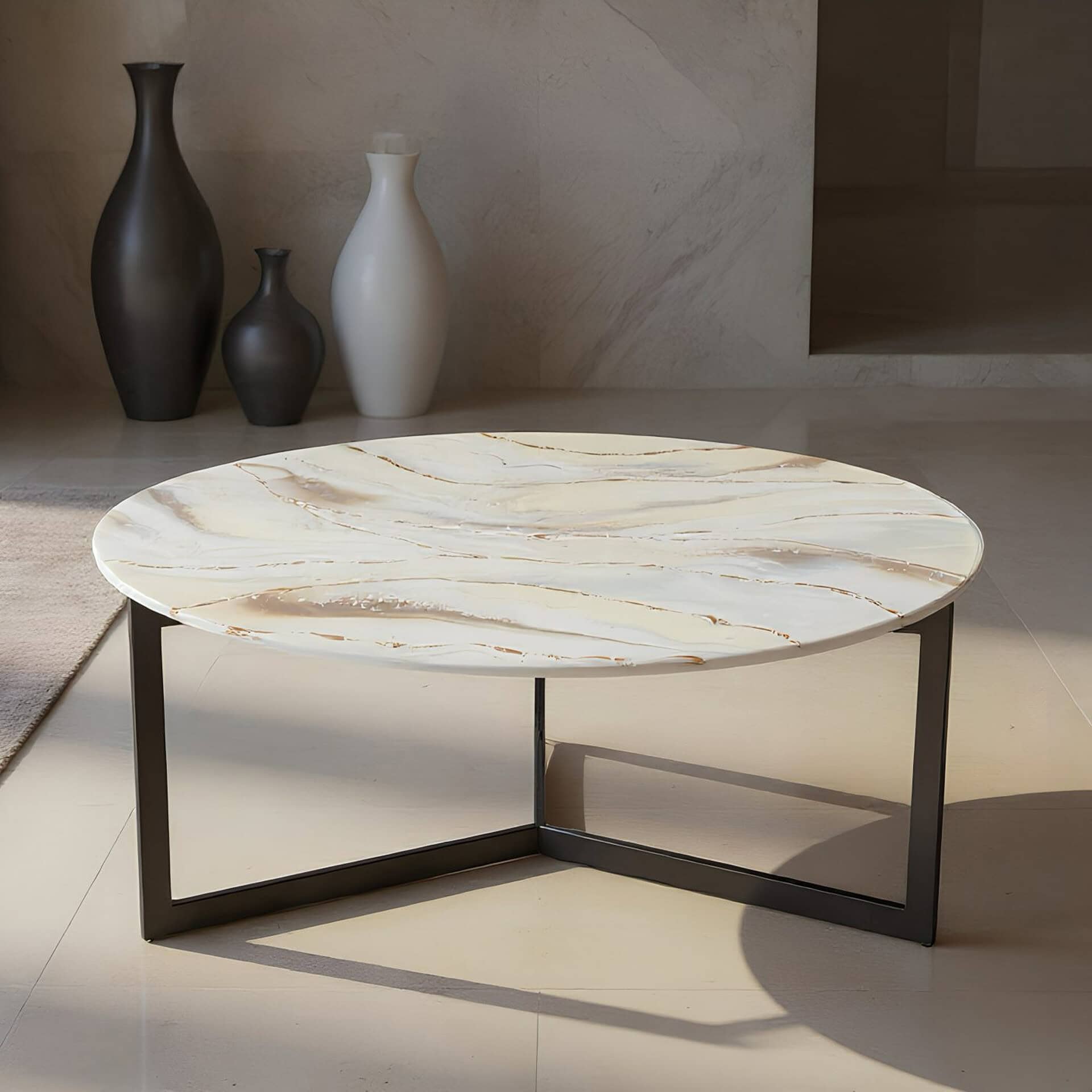 Elegant glass coffee table with a marble top and black metal frame.