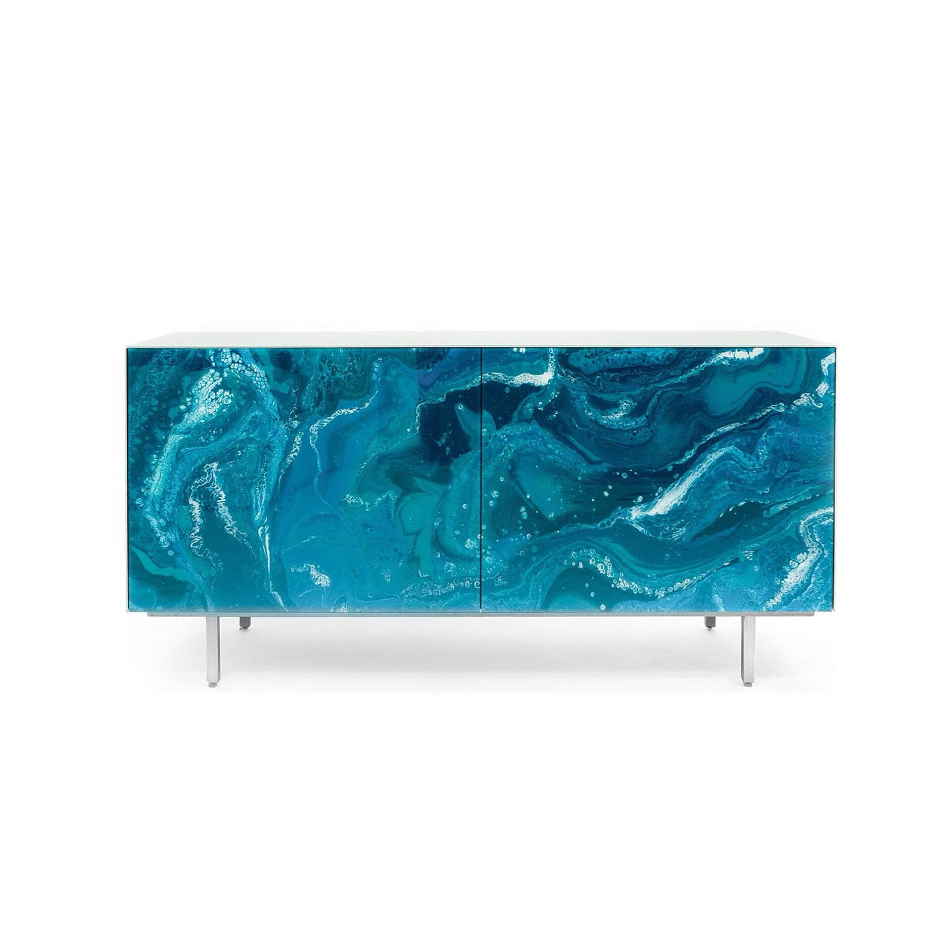 Nico 2 Door Cabinet in deep aqua glass finish with chrome legs.
