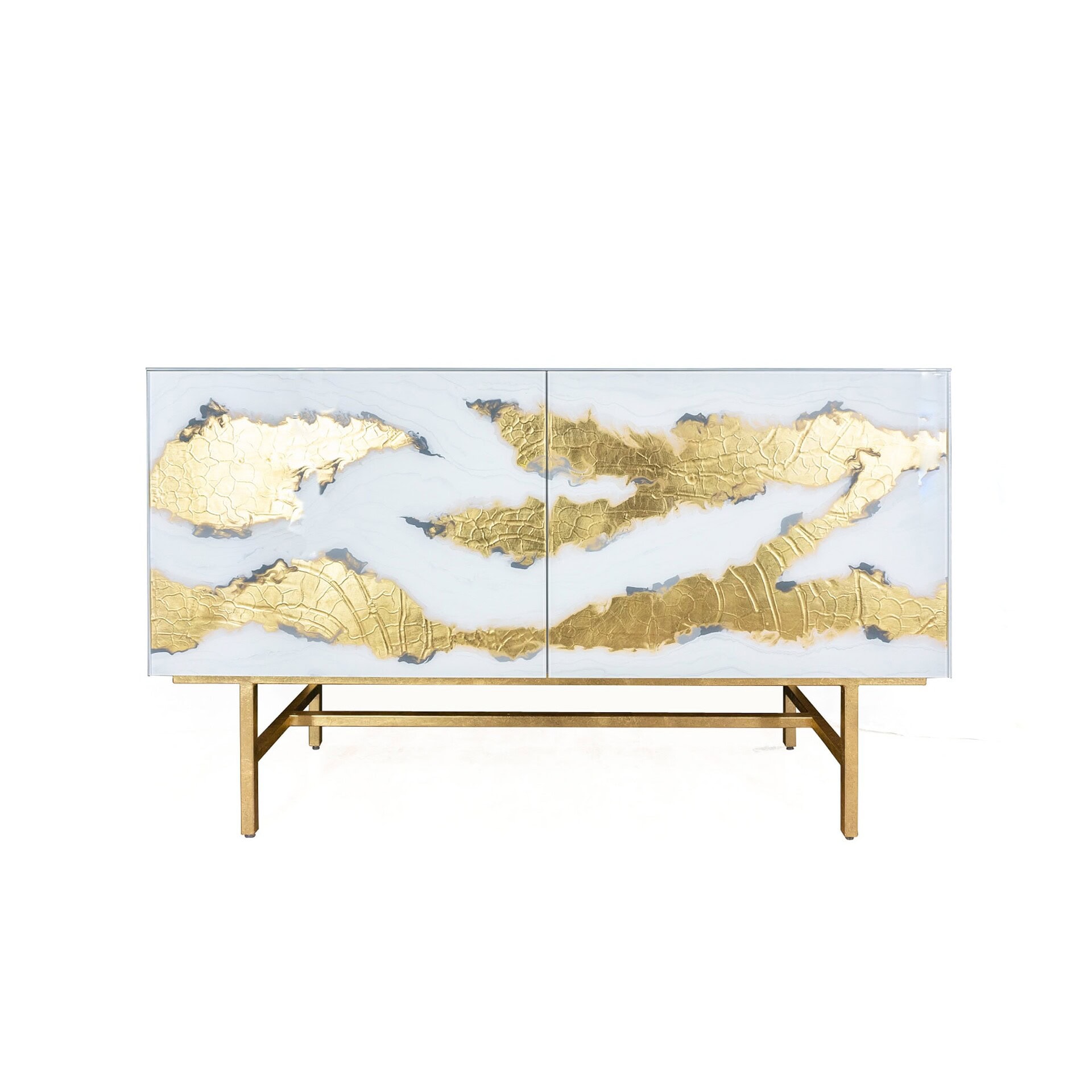 Nico 2 Door Cabinet in gold and white patterned glass with bronze base.