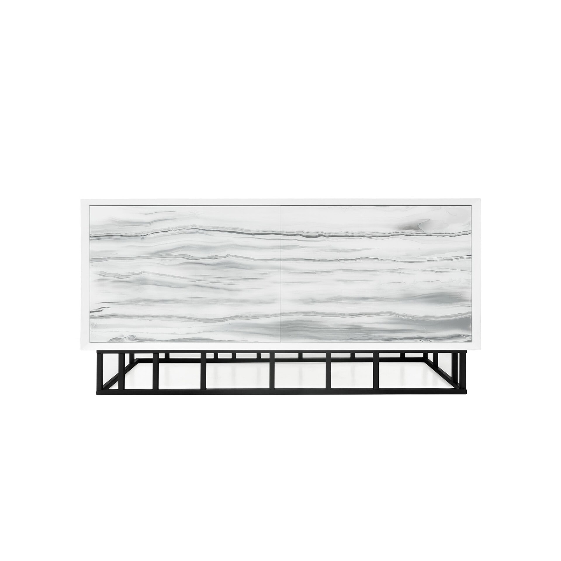 Nico 2 Door Cabinet in white and gray patterned glass with black metal base.