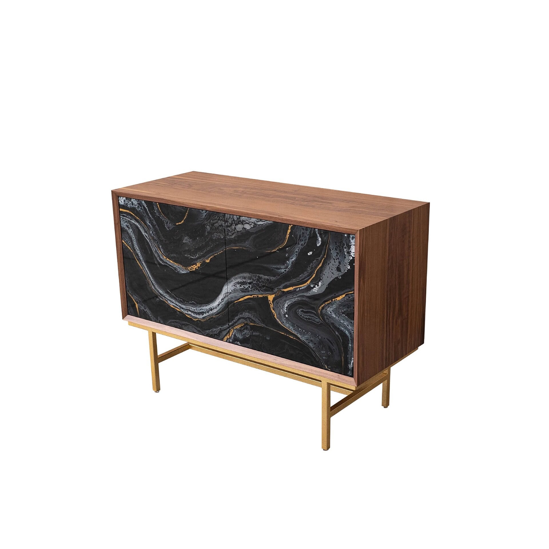 Nico 2 Door Cabinet in black glass with walnut case and brass base.