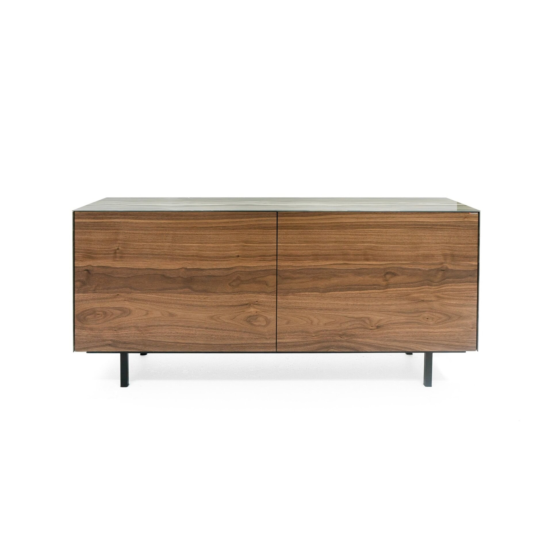 Nico 2 Door Cabinet in natural wood finish with slim metal base.