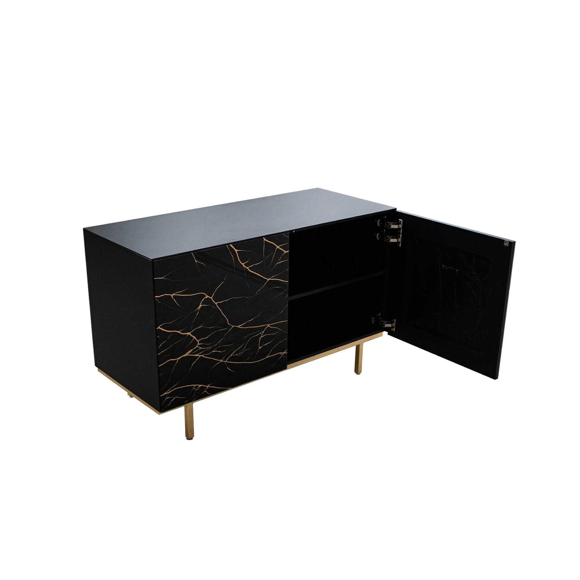 Nico 2 Door Cabinet with open doors showing internal storage shelves.