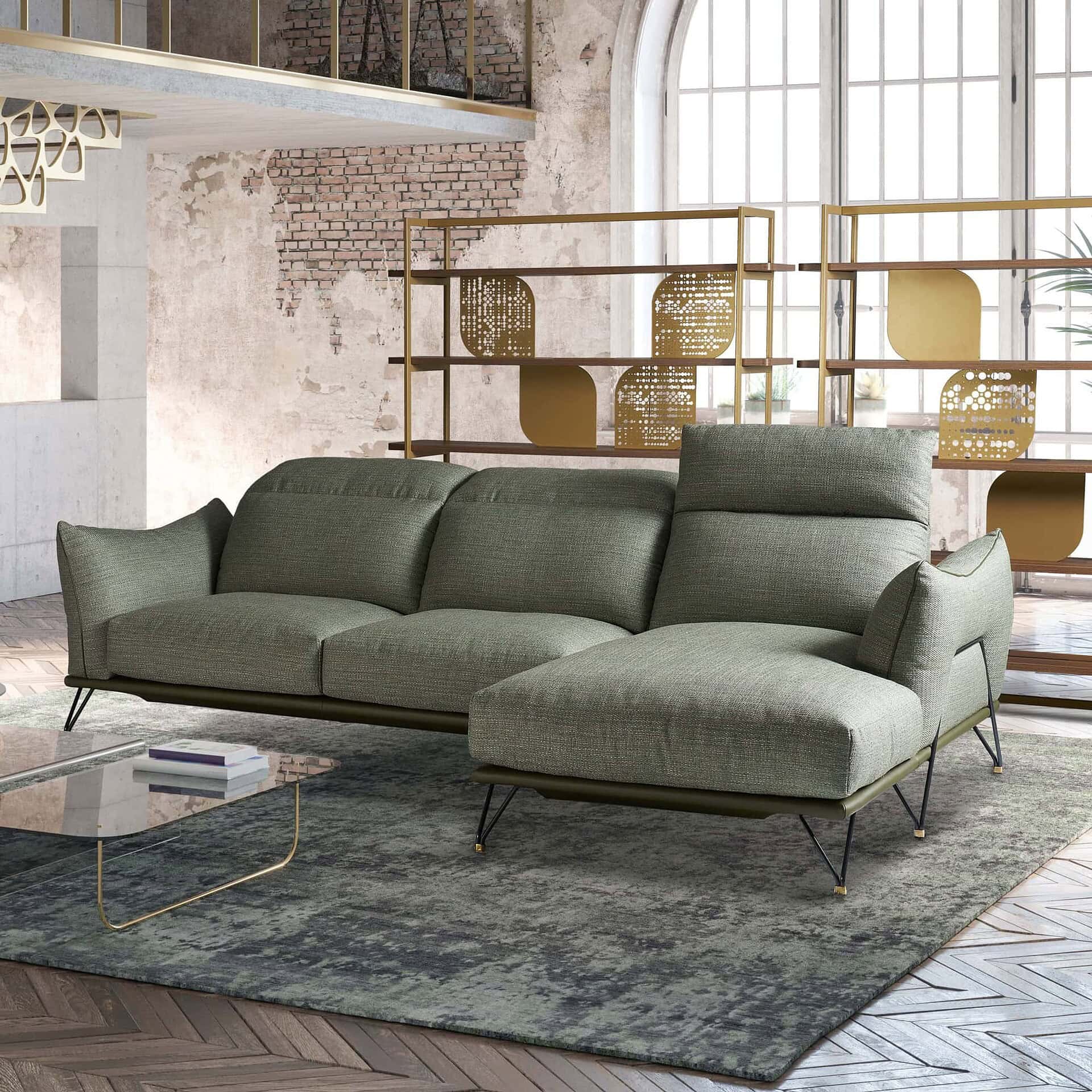 Front view of Dagor Modular Sectional Sofa in green fabric with chaise lounge, styled in a modern living room.