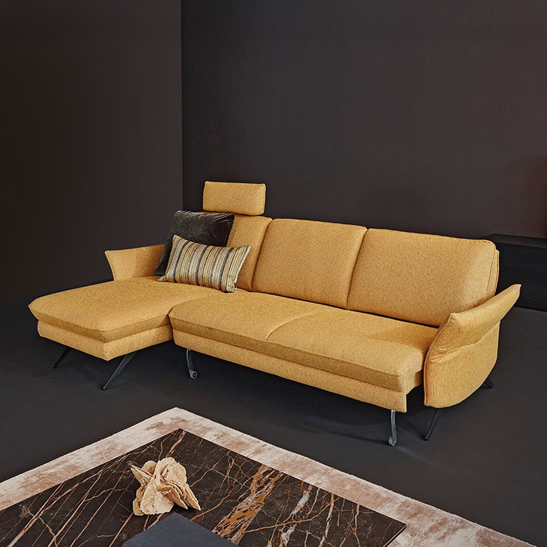 Siegfried 6902 Reclining Sofa sectional in yellow fabric, arranged with chaise extension.