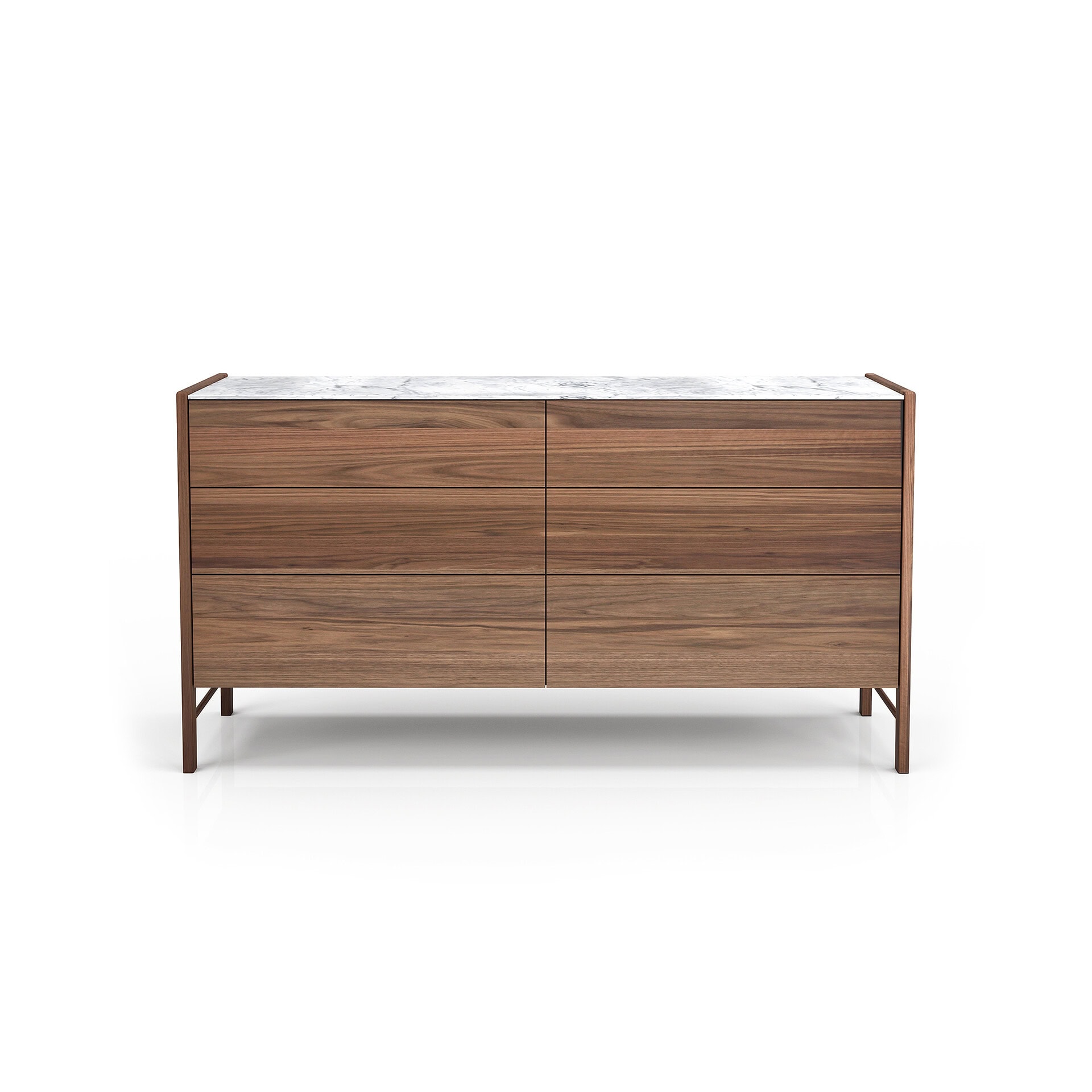 Stylish walnut dresser with sleek wood grain and marble top. Perfect for contemporary bedroom decor.