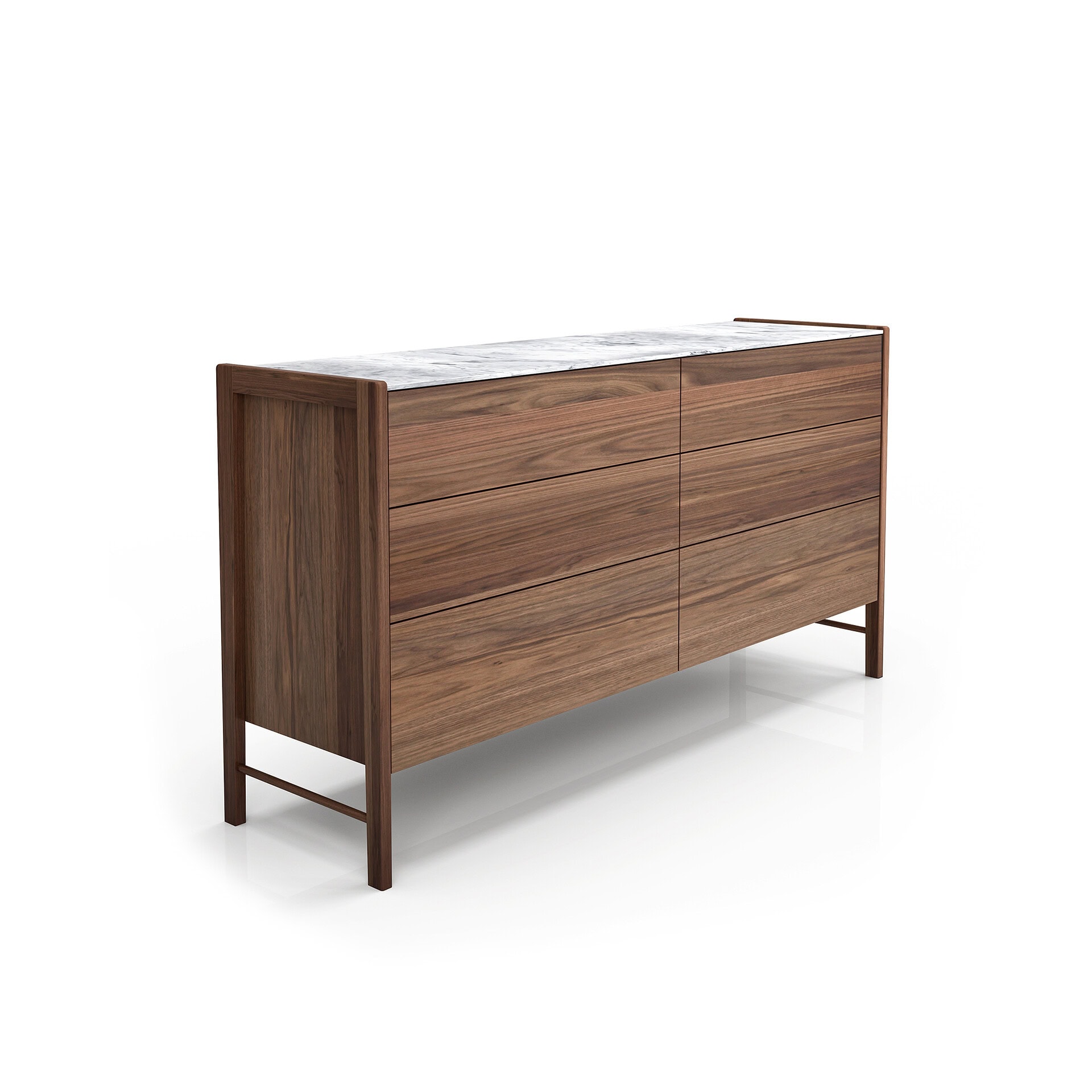 Elegant wooden dresser with sleek walnut finish and marble top. Perfect for stylish, contemporary bedroom decor.