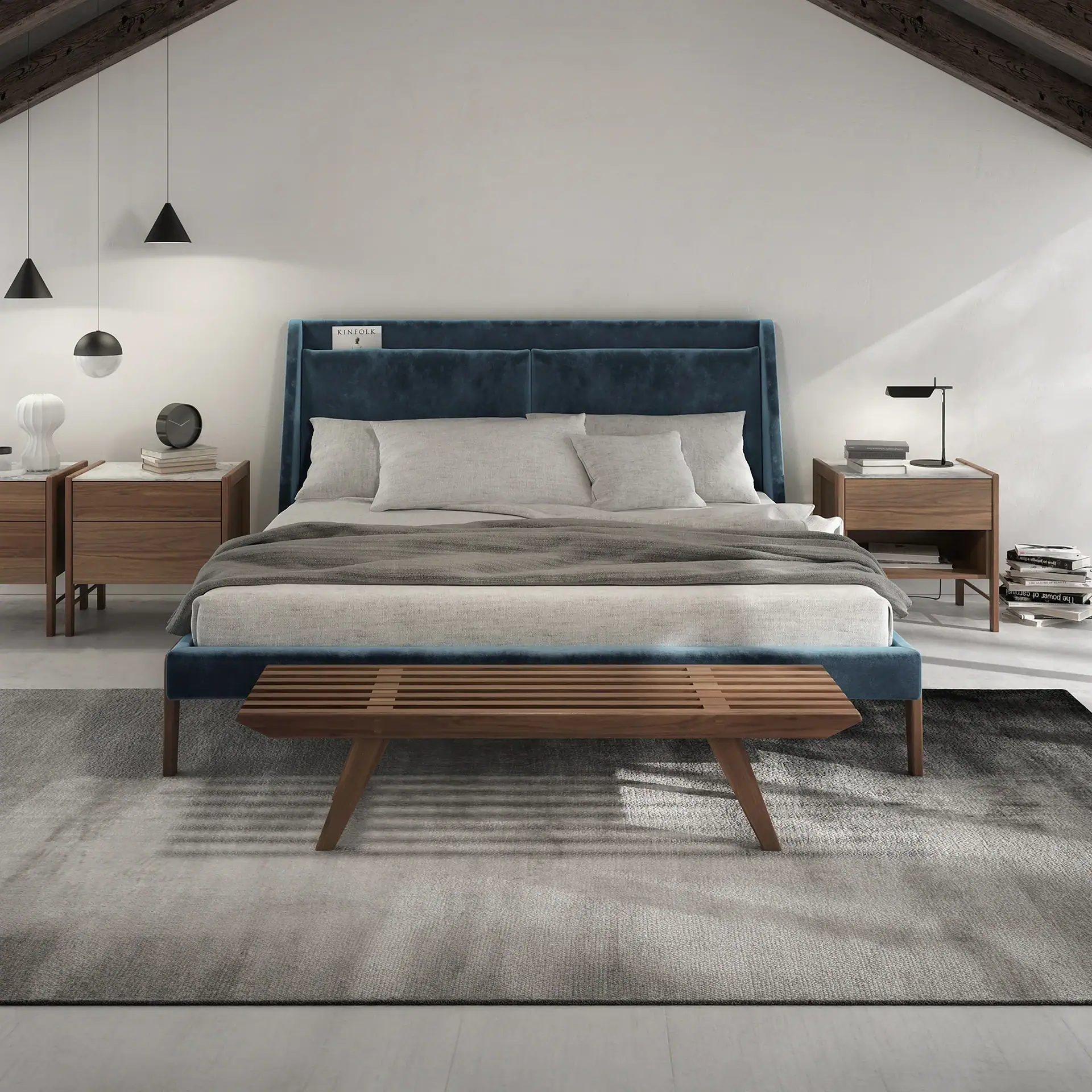 Luxurious bedroom featuring a blue velvet bed, minimalist wooden nightstands, and stylish decor elements.