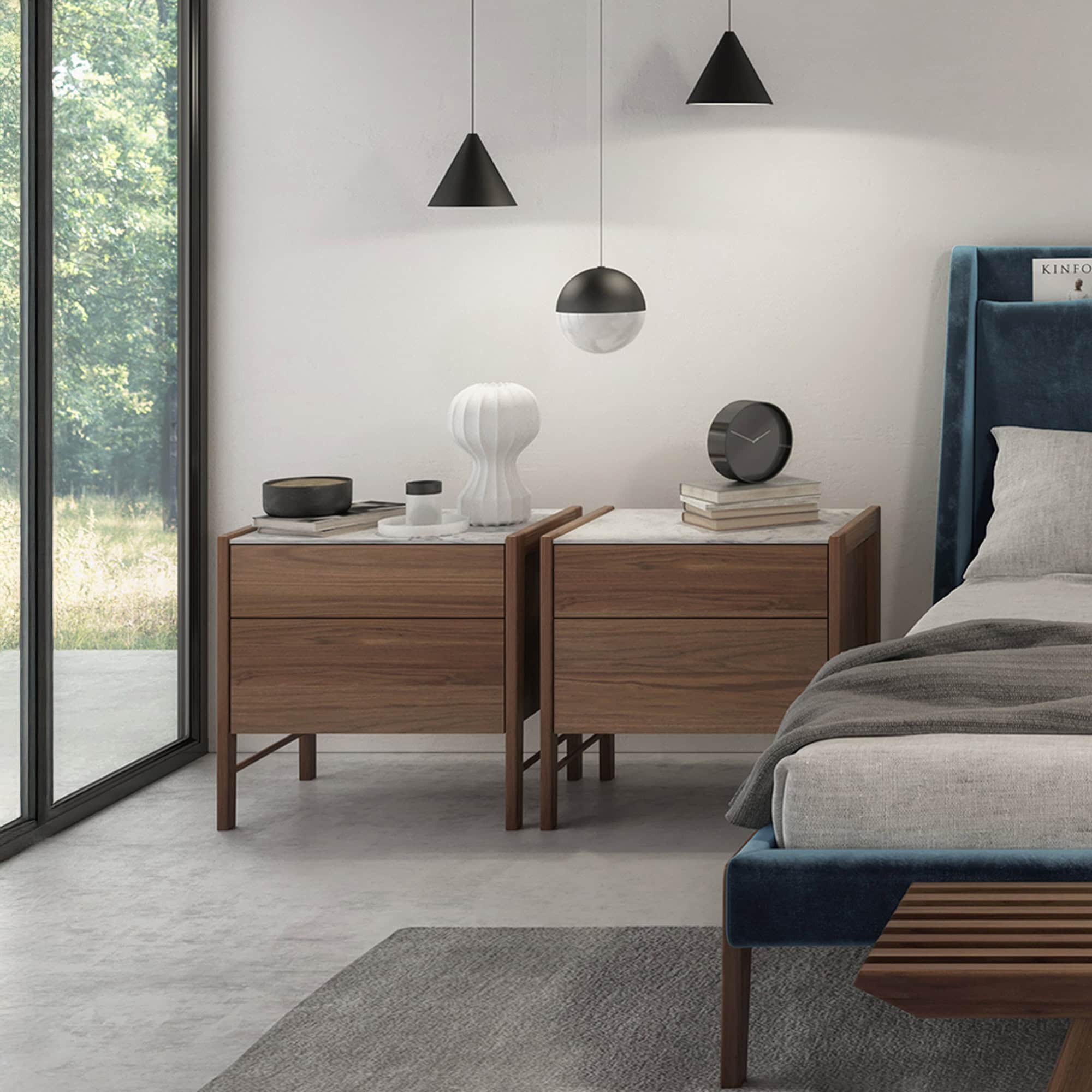 Stylish walnut nightstands with marble tops in a contemporary bedroom setting. Perfect for modern home decor.