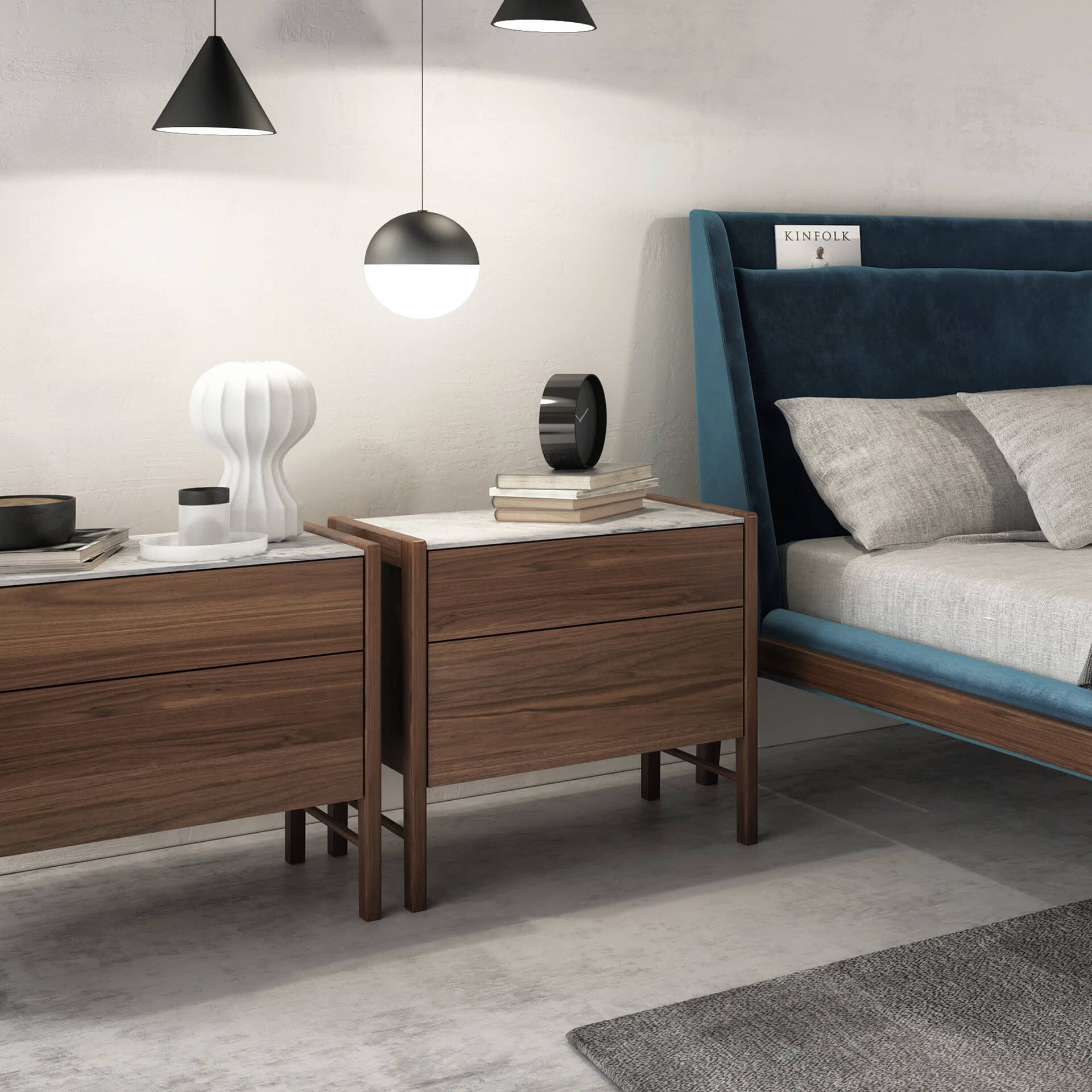 A pair of sleek walnut nightstands with marble tops, minimalist design, and ample storage, complementing contemporary bedroom decor.