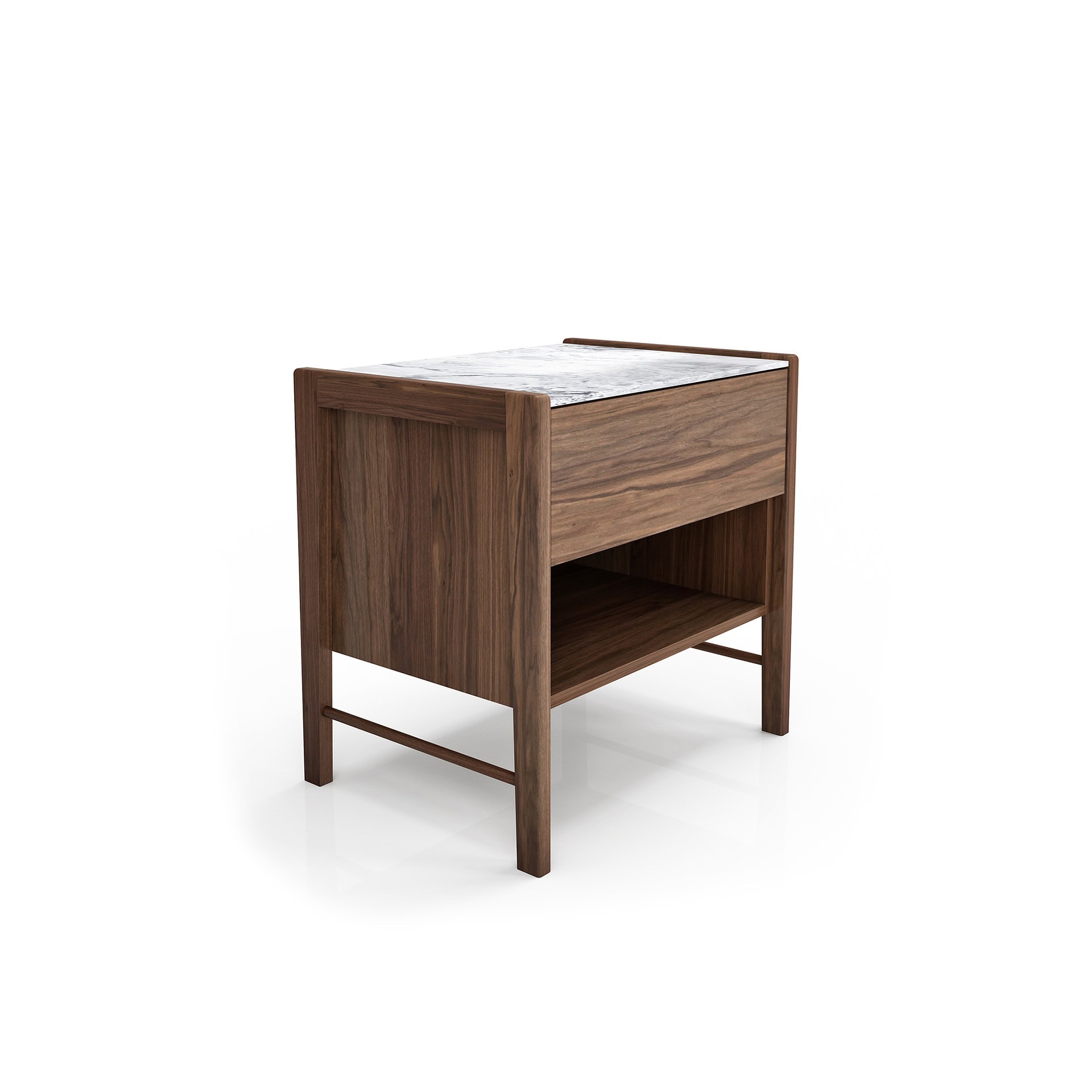 Elegant wooden nightstand featuring a sleek marble top and open shelf for stylish bedroom storage.
