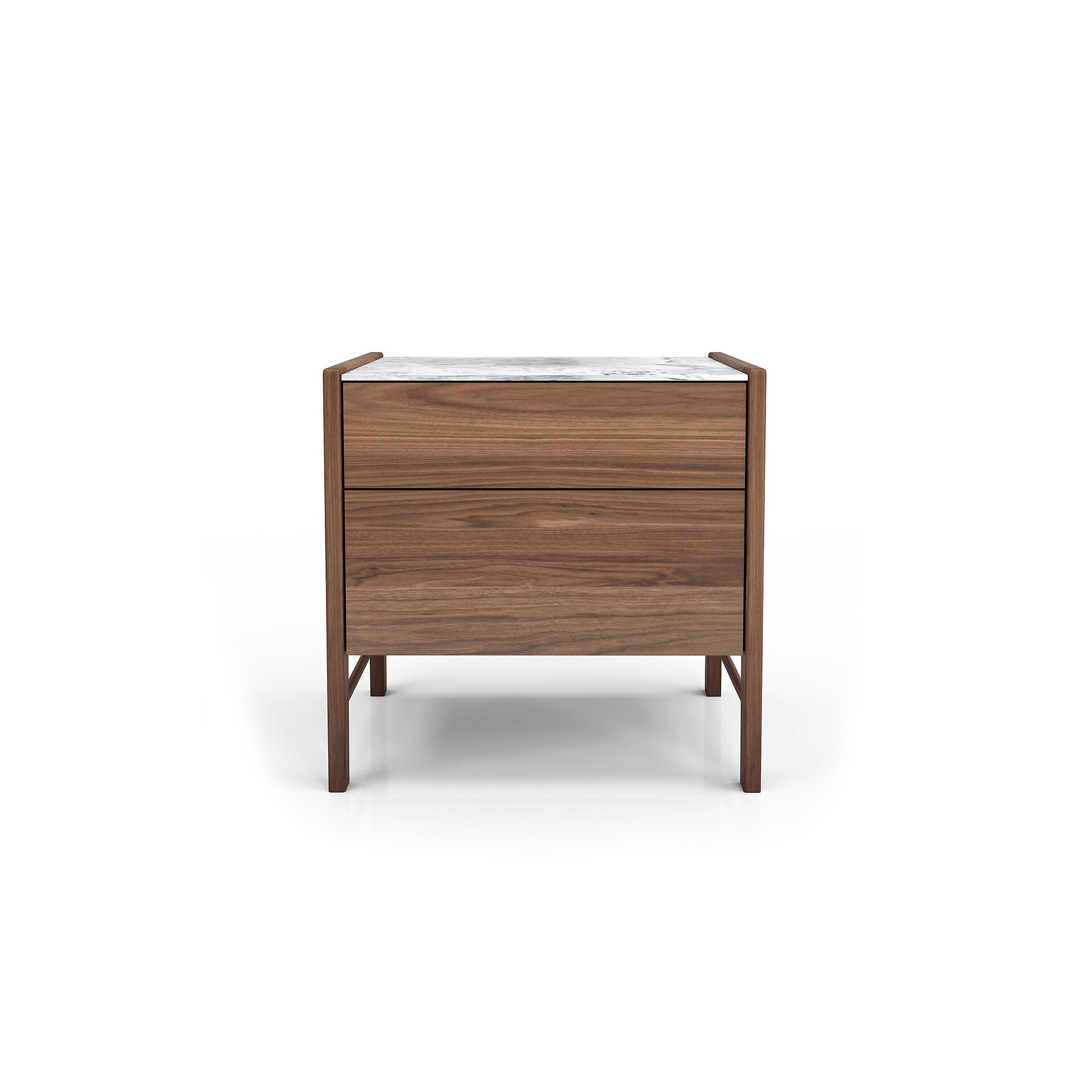 Rich wood finish nightstand with marble surface, stylish storage for bedrooms.