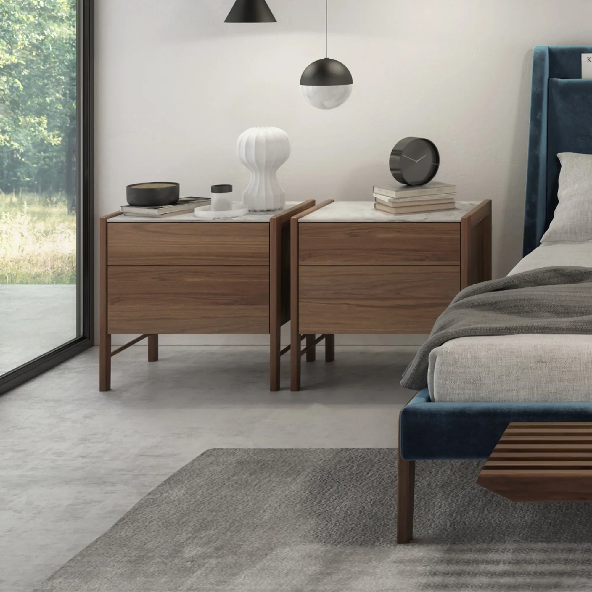 Stylish walnut nightstands with marble tops in a contemporary bedroom setting. Perfect for modern home decor.