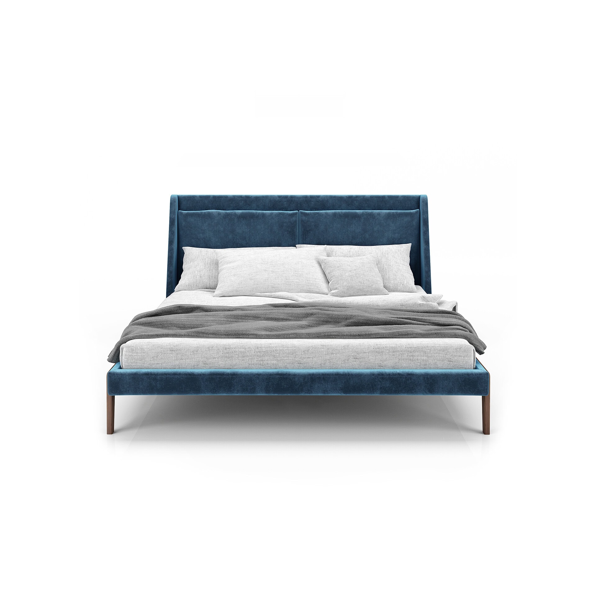 Stylish blue velvet bed frame with plush pillows and soft gray bedding, perfect for modern bedroom decor.