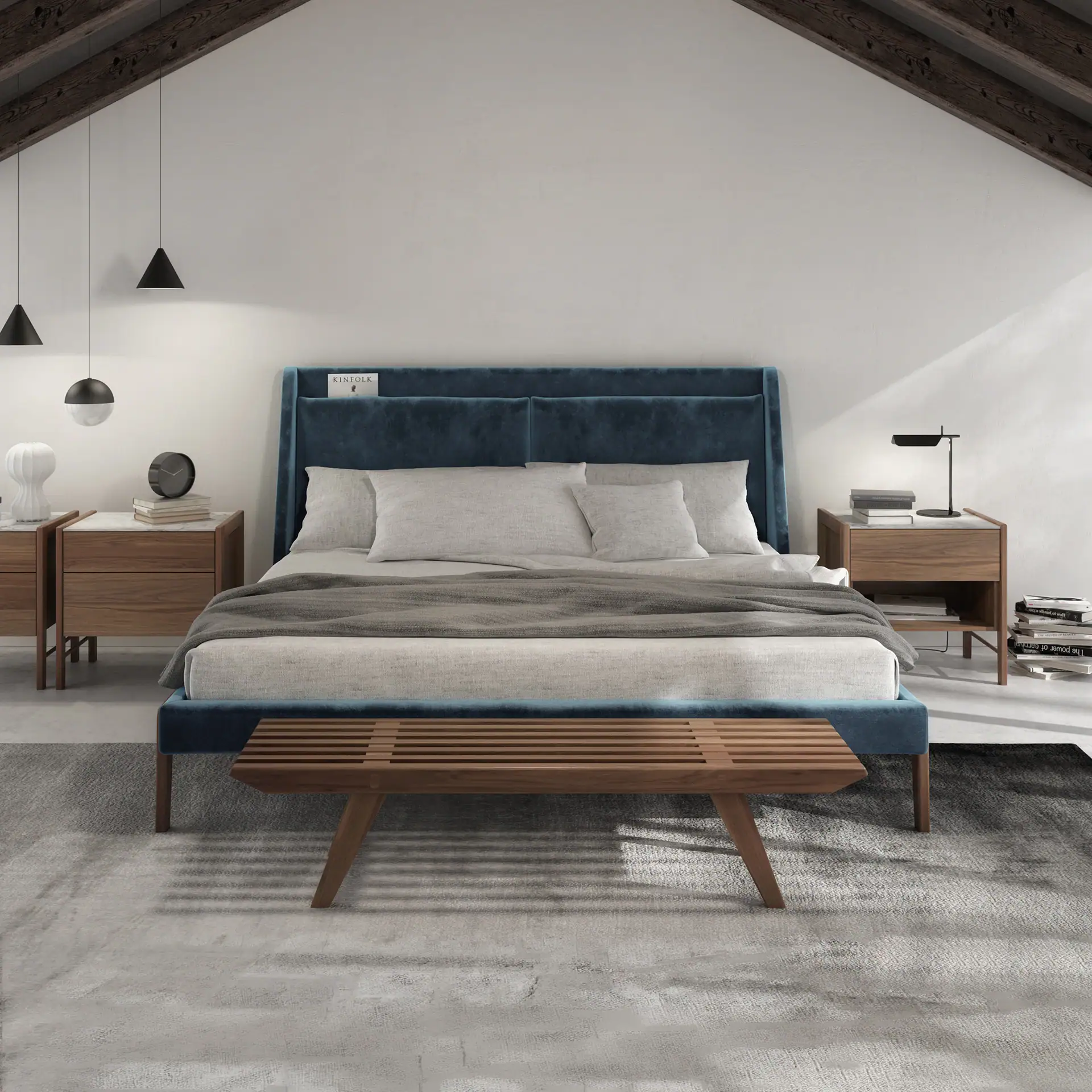 Luxurious bedroom featuring a blue velvet bed, minimalist wooden nightstands, and stylish decor elements.